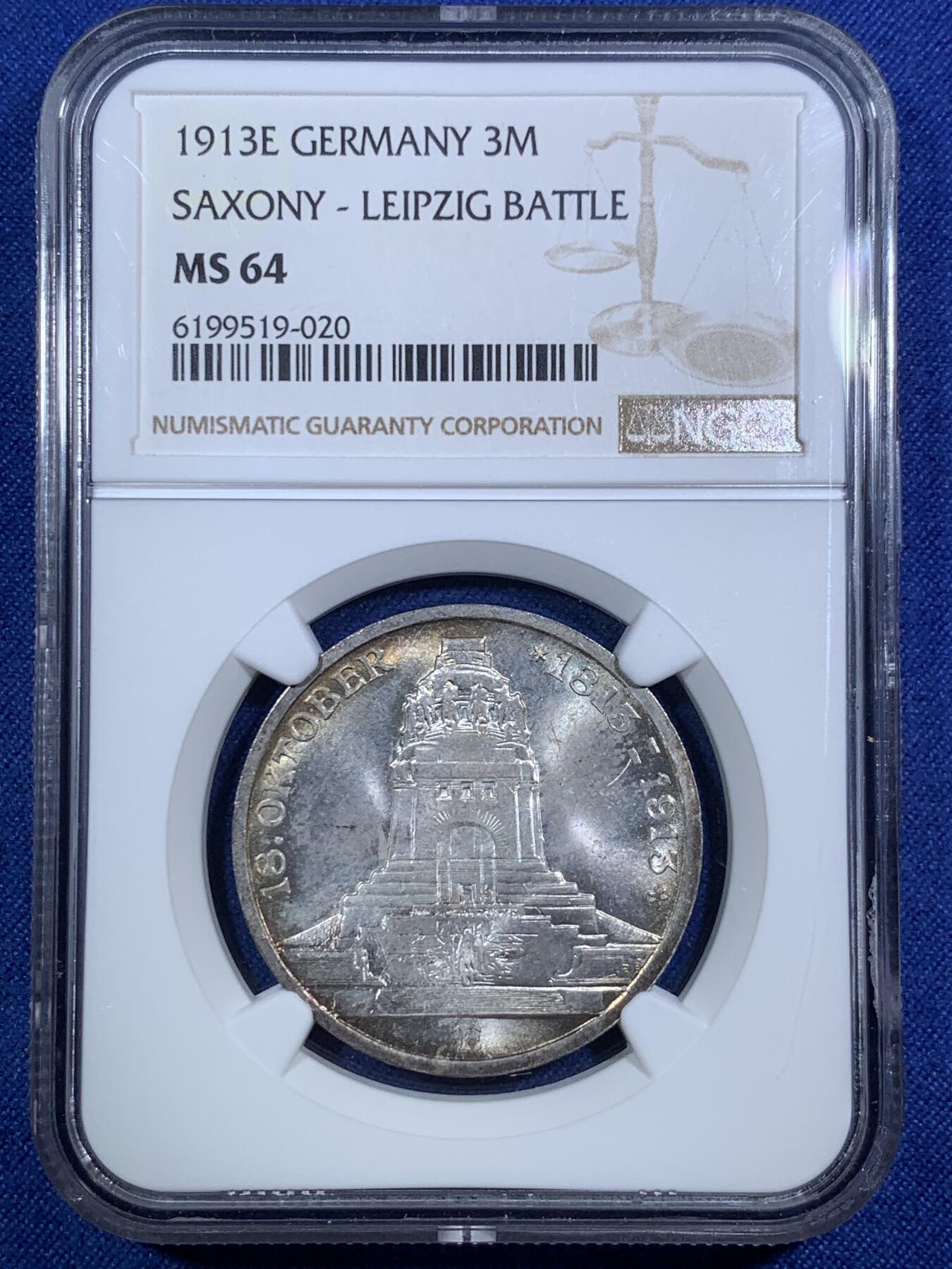 《竞宝斋》第295场- 周日，周一  2场连拍 （全场包邮） NGC MS64 德国萨克森1913年莱比锡建功碑3马克银币 漂亮的五彩包浆