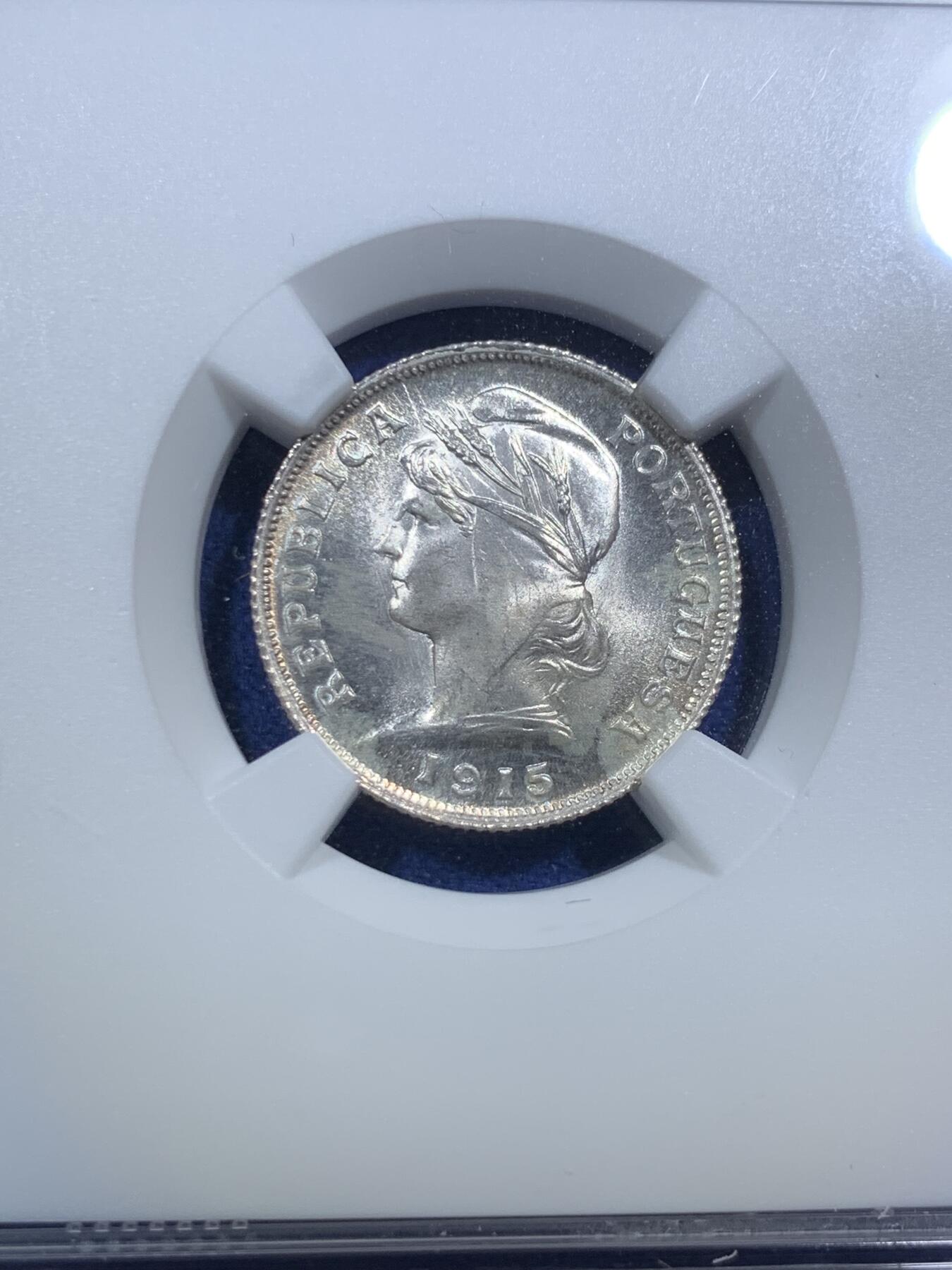 《竞宝斋》第295场- 周日，周一  2场连拍 （全场包邮） NGC MS64 葡萄牙1915年10C银币 少见面值高分