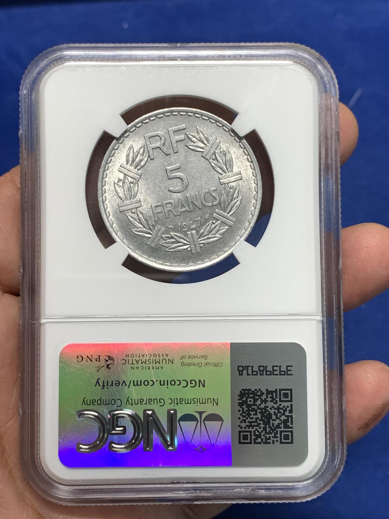 《竞宝斋》第295场- 周日，周一  2场连拍 （全场包邮） NGC MS64 1947年法兰西第四共和国5法郎铝币
