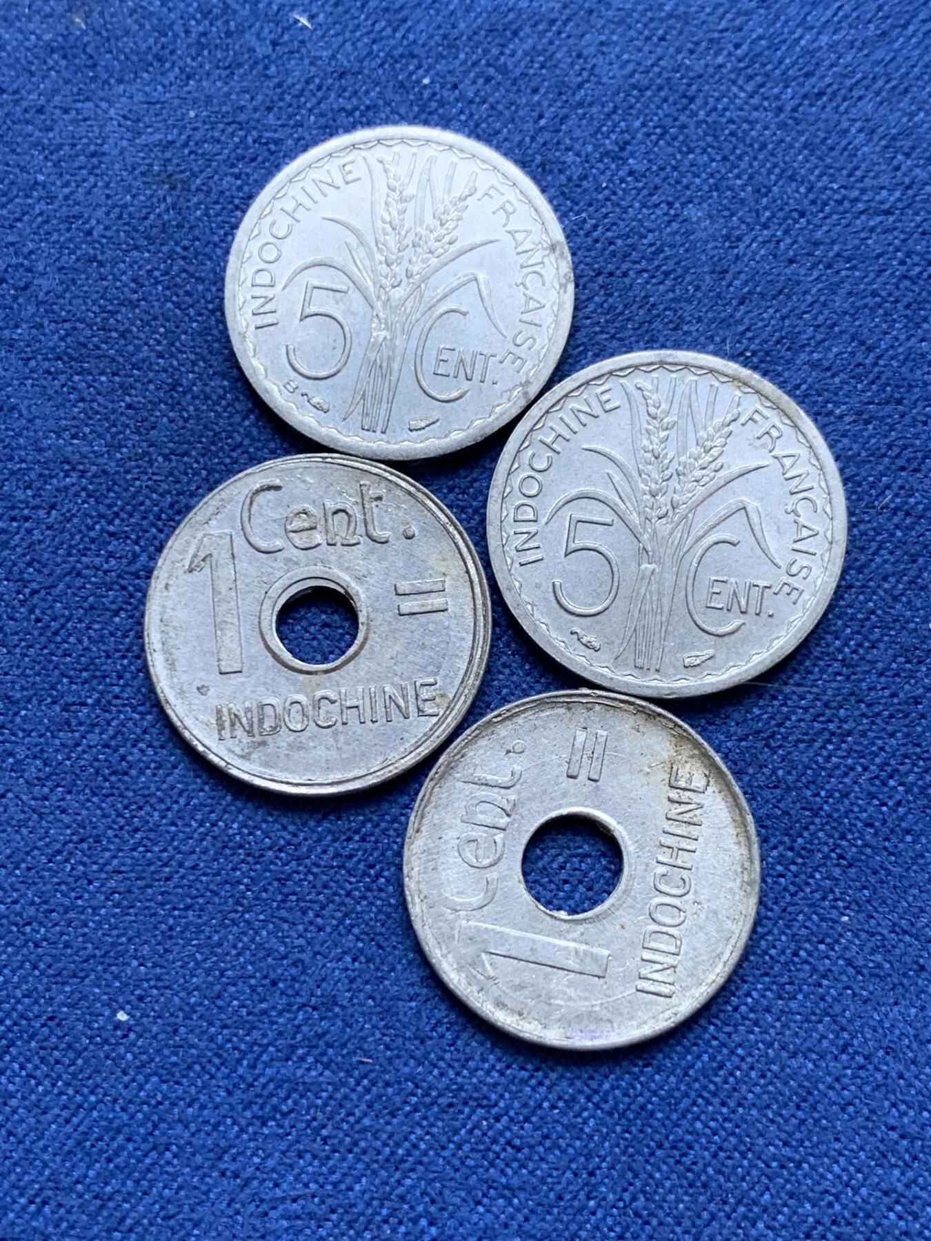 《竞宝斋》第295场- 周日，周一  2场连拍 （全场包邮） 4枚一组 法属印支1946年5分铝币两枚+法属印支1943年1分铝币两枚