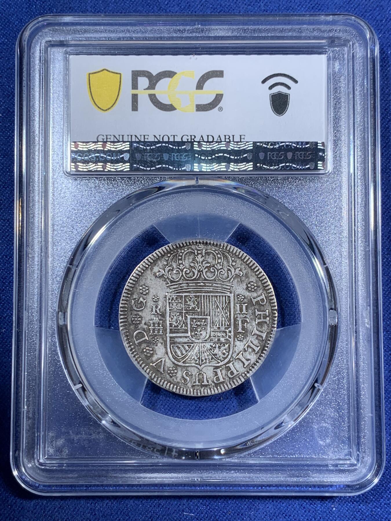 《竞宝斋》第295场- 周日，周一  2场连拍 （全场包邮） PCGS XF 西班牙 1727F 费五 本土 2里亚尔 银币原味包浆 少见