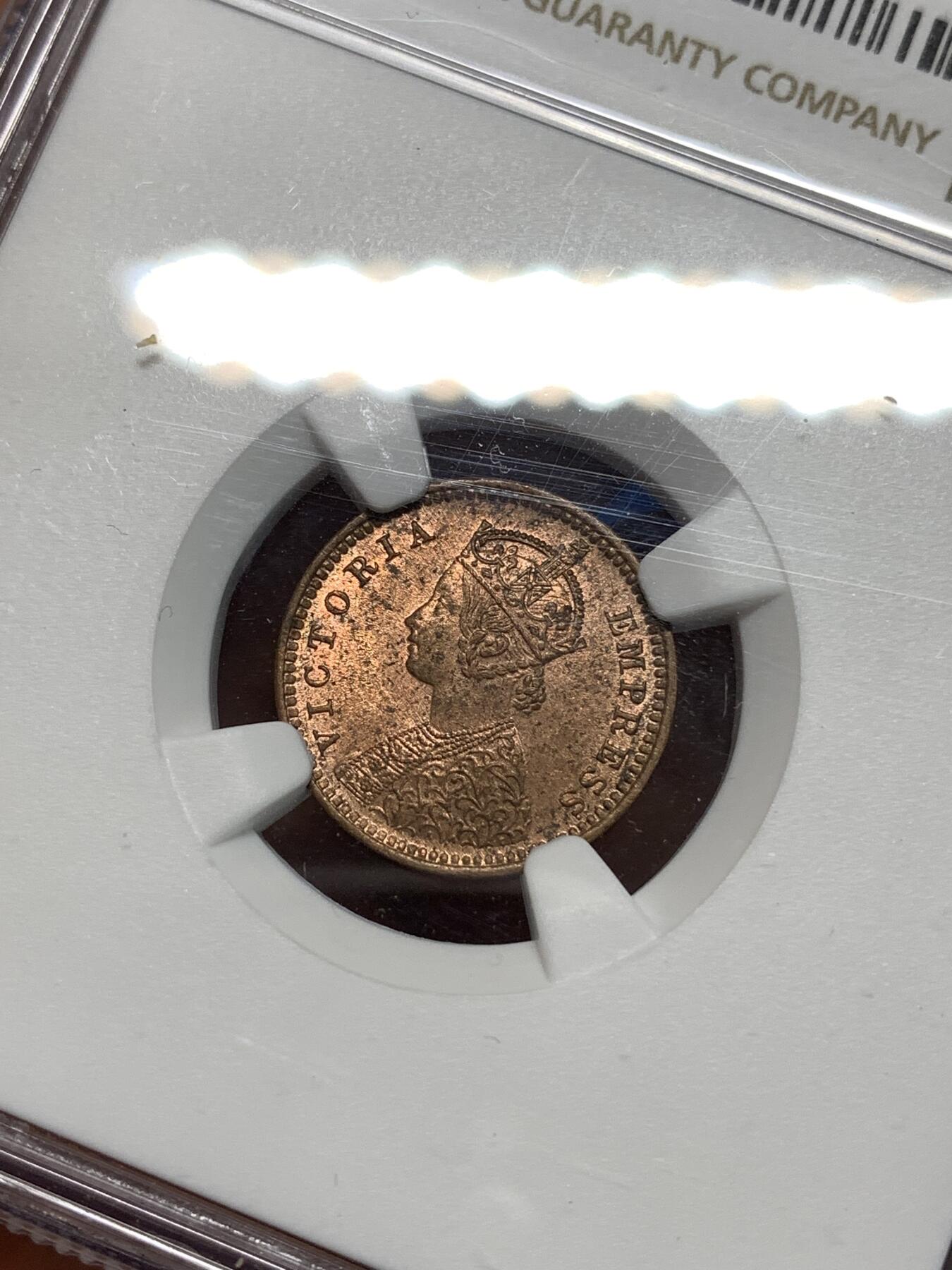 《竞宝斋》第295场- 周日，周一  2场连拍 （全场包邮） NGC MS63RB 印度1897-C版1/12安娜铜币 很舒服的原铜光