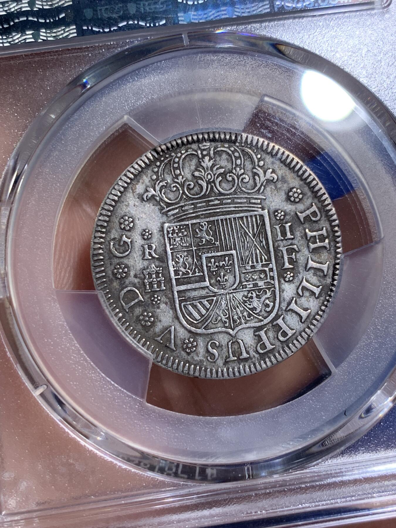 《竞宝斋》第295场- 周日，周一  2场连拍 （全场包邮） PCGS XF 西班牙 1727F 费五 本土 2里亚尔 银币原味包浆 少见