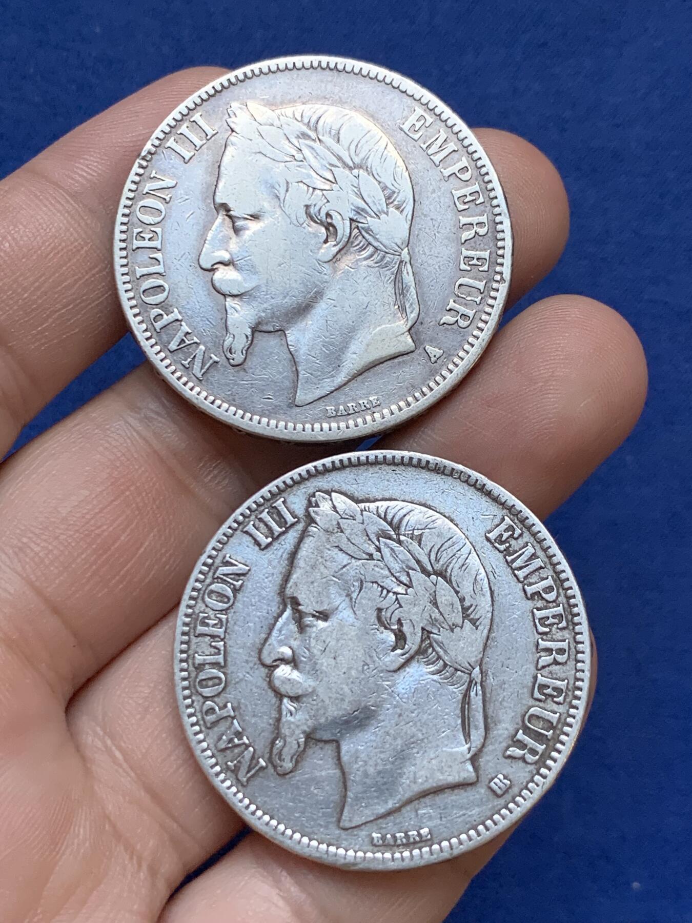 《竞宝斋》第295场- 周日，周一  2场连拍 （全场包邮） 两枚一组 法国 1869/1867年 拿破仑三世 5法郎银币