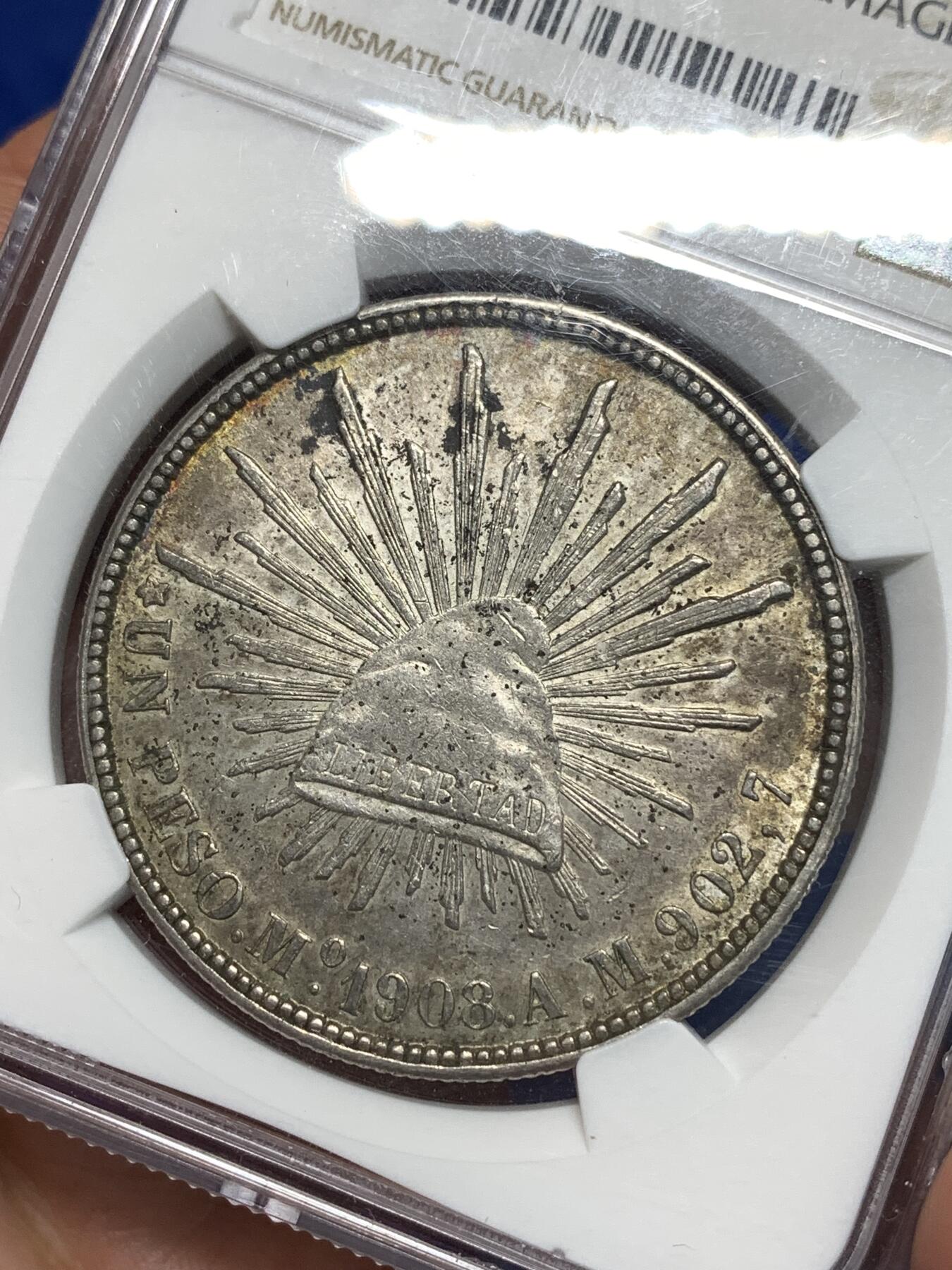 《竞宝斋》第295场- 周日，周一  2场连拍 （全场包邮） NGC UNCD 墨西哥1908MOAM版直边鹰洋1比索银币