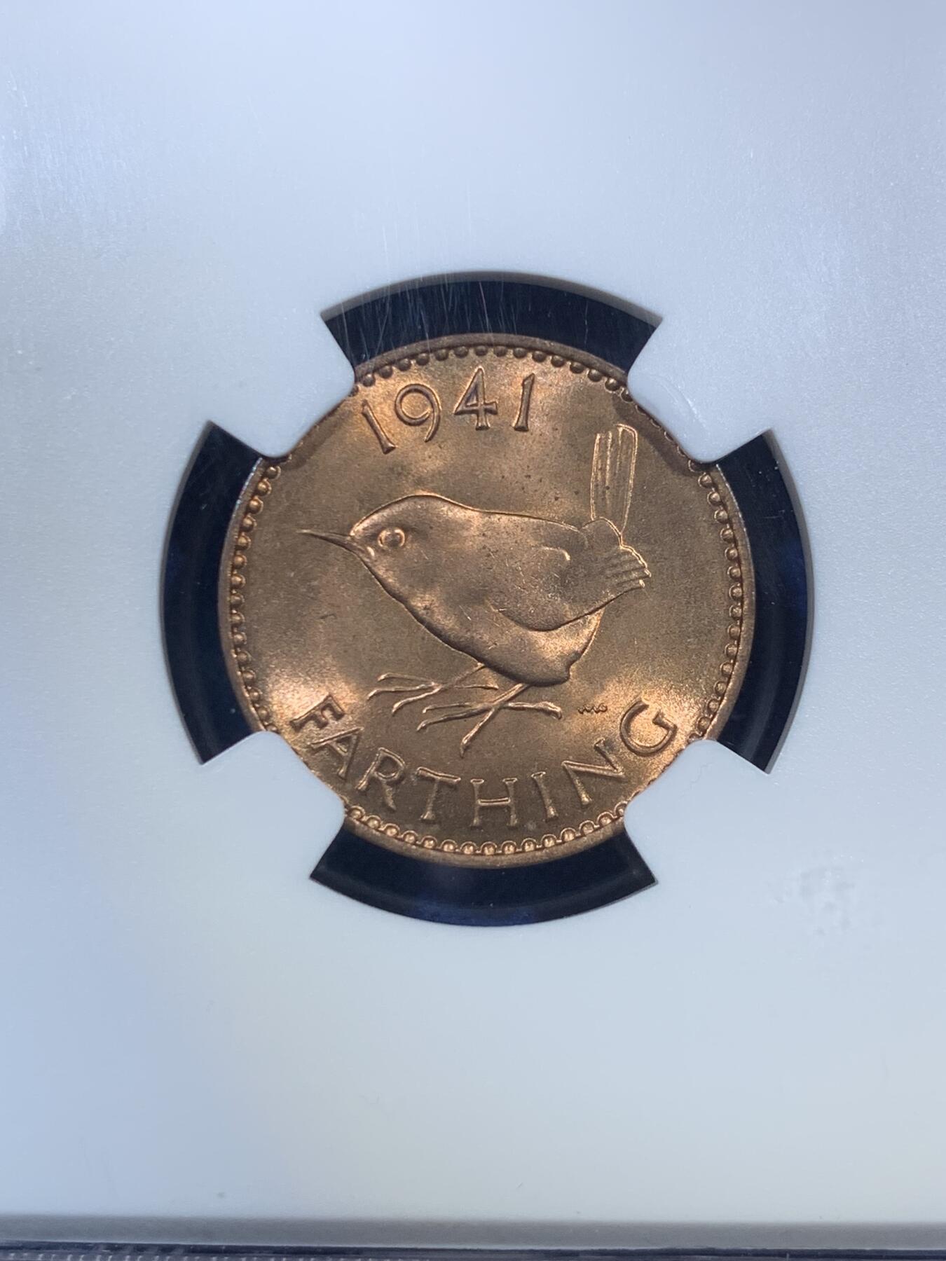 《竞宝斋》第295场- 周日，周一  2场连拍 （全场包邮） NGC MS64RB 英国1941年乔治六世法新铜币 小鸟可爱，铜光犀利，正面冷色调包浆动人