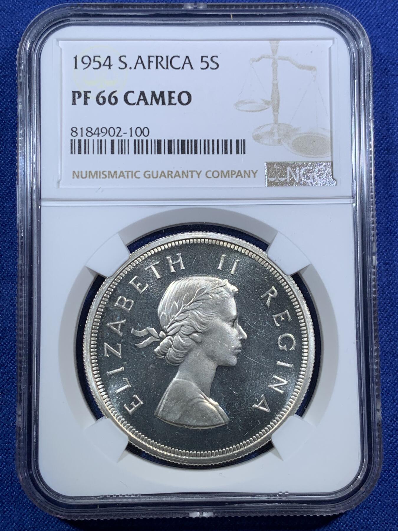 《竞宝斋》第295场- 周日，周一  2场连拍 （全场包邮） NGC PF66CAMEO 英属南非1954年伊丽莎白二世跳羚羊版5先令精制银币