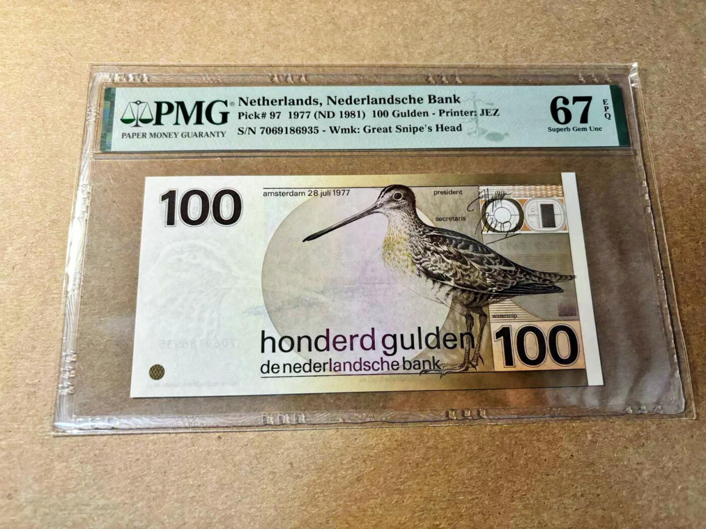 荷兰1977年100盾水鸟PMG67EPQ 高分- Blue Auction - Blue 荷兰1977年100盾水鸟PMG67EPQ 高分- Blue Auction - Blue