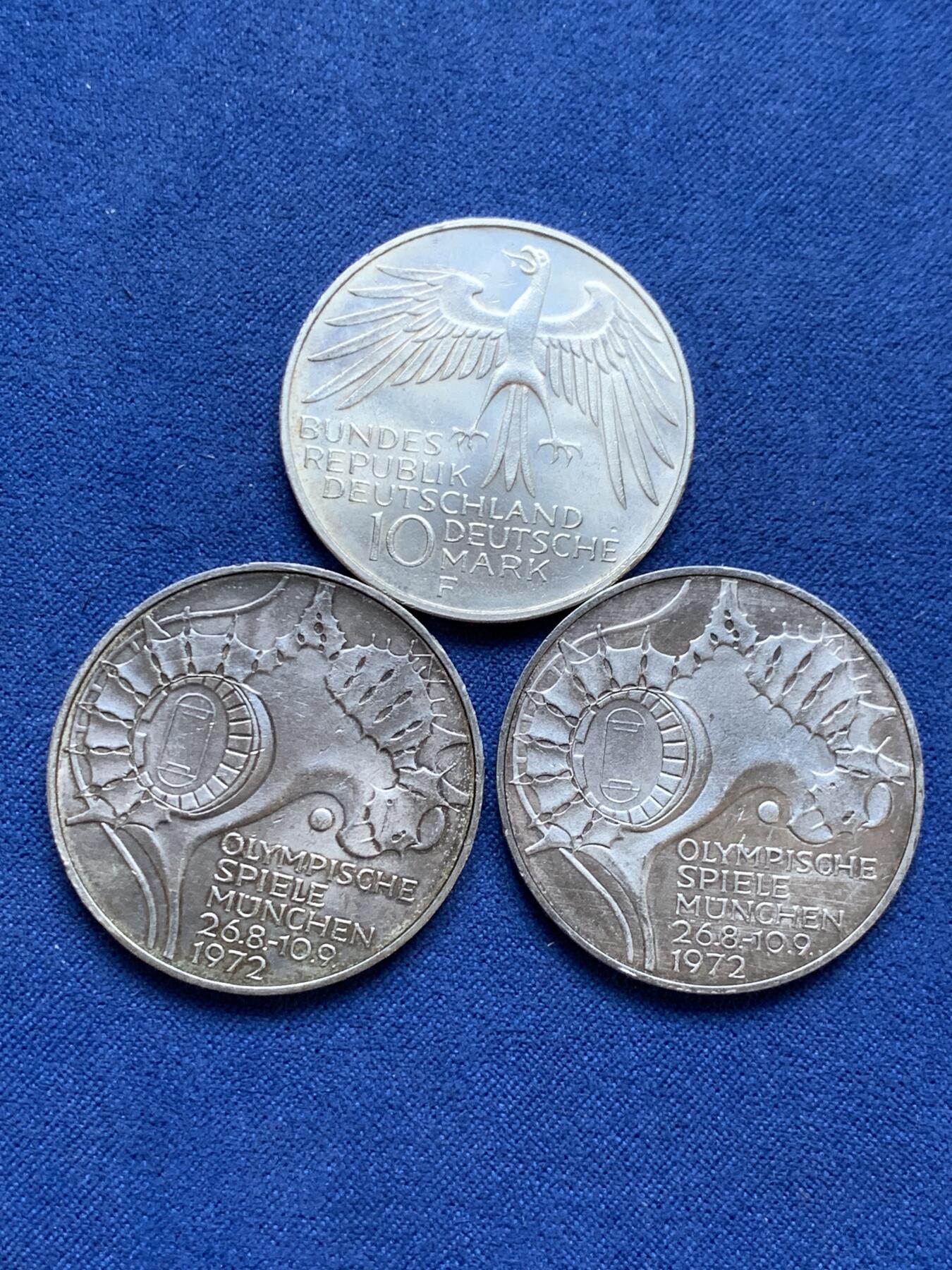 《竞宝斋》第295场- 周日，周一  2场连拍 （全场包邮） 3枚一组 德国1972年10马克银币 不同厂别