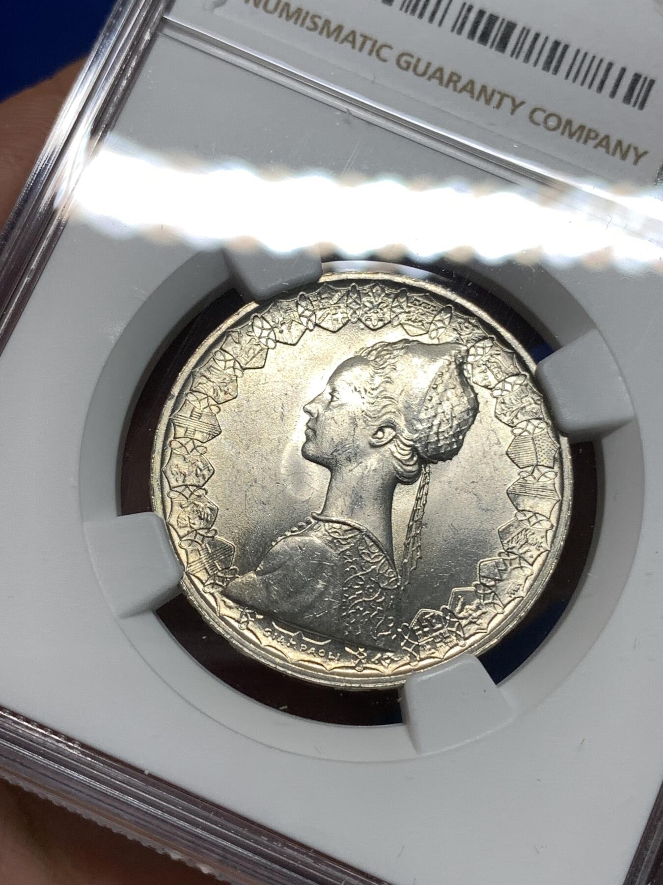 《竞宝斋》第295场- 周日，周一  2场连拍 （全场包邮） NGC MS62 原光意大利1959年帆船女神500里拉银币 设计精美 比较少见的早期年份 低评了