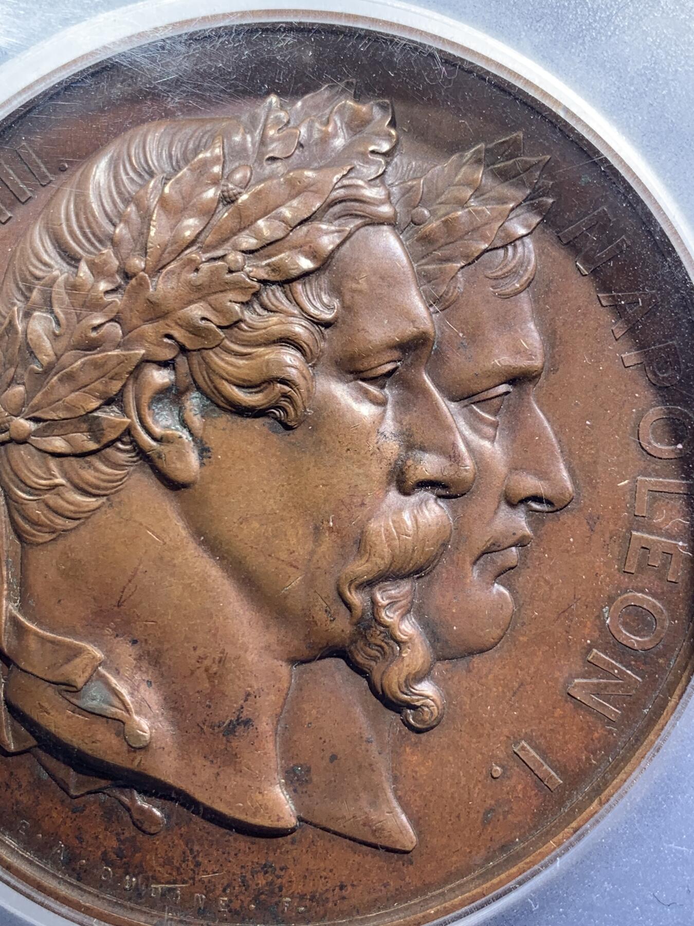 《竞宝斋》第295场- 周日，周一  2场连拍 （全场包邮） PCGS SP62BN 1853年法兰西第二帝国拿破仑三世与皇后 复辟加冕高浮雕大铜章 70MM 拿三大尺寸铜章相当难得