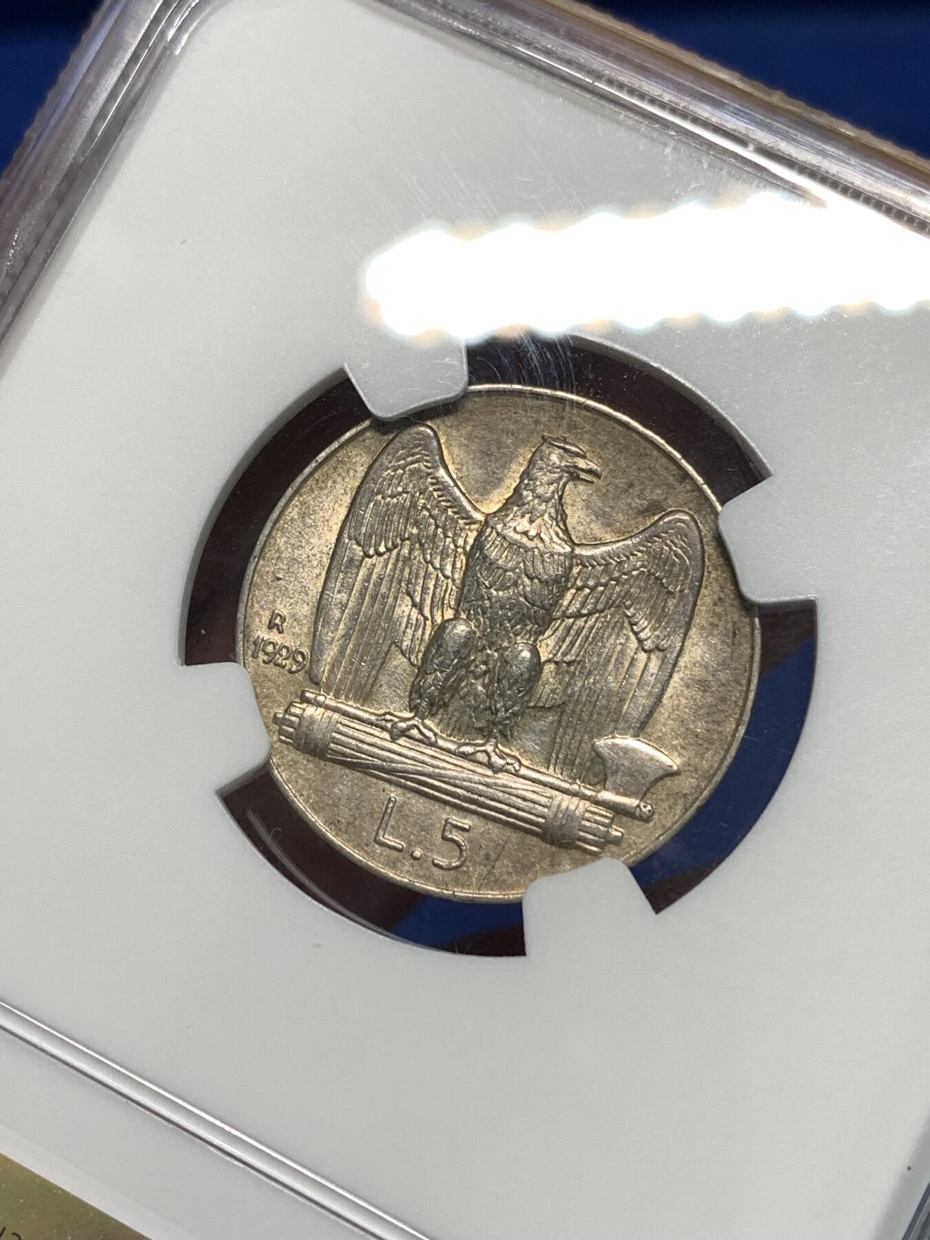 《竞宝斋》第295场- 周日，周一  2场连拍 （全场包邮） NGC AU55 意大利1929年5里拉老鹰银币