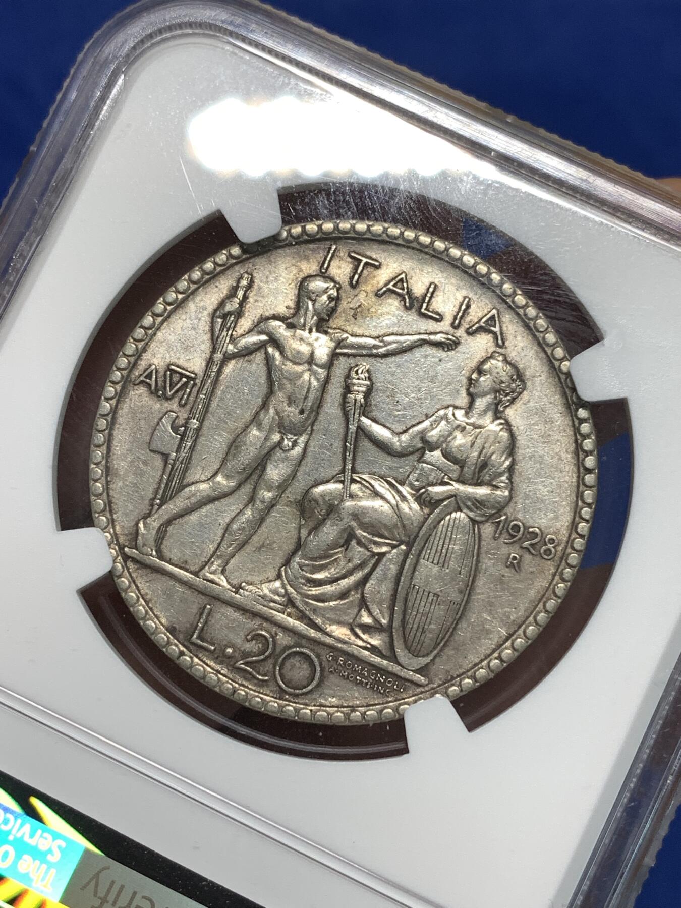 《竞宝斋》第295场- 周日，周一  2场连拍 （全场包邮） NGC AU53 意大利1928年裸男20里拉银币 经典造型 稀少年份