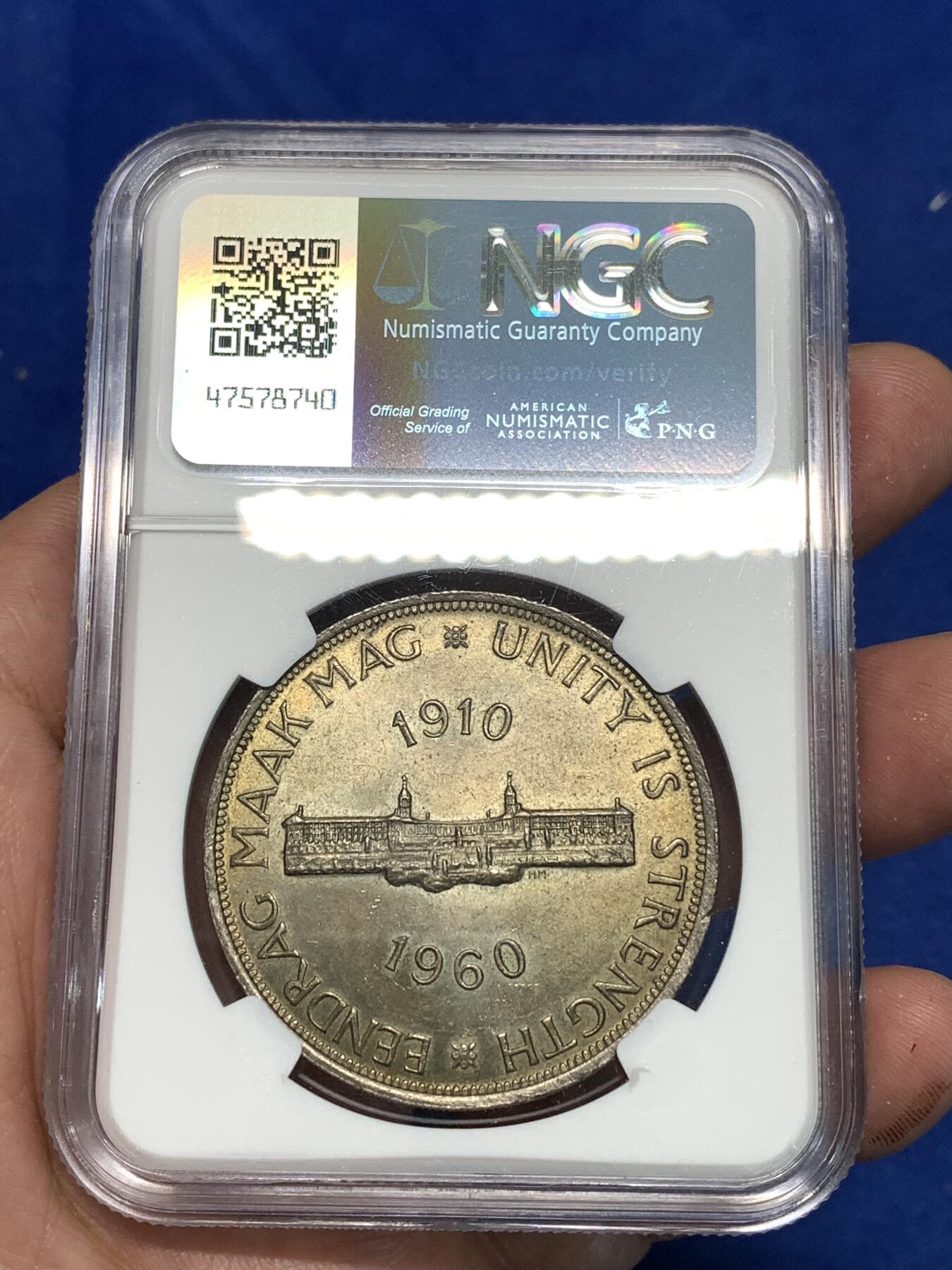 《竞宝斋》第295场- 周日，周一  2场连拍 （全场包邮） NGC MS63 南非1960年联盟成立50周年5先令大银币 极美原味黄油彩包浆