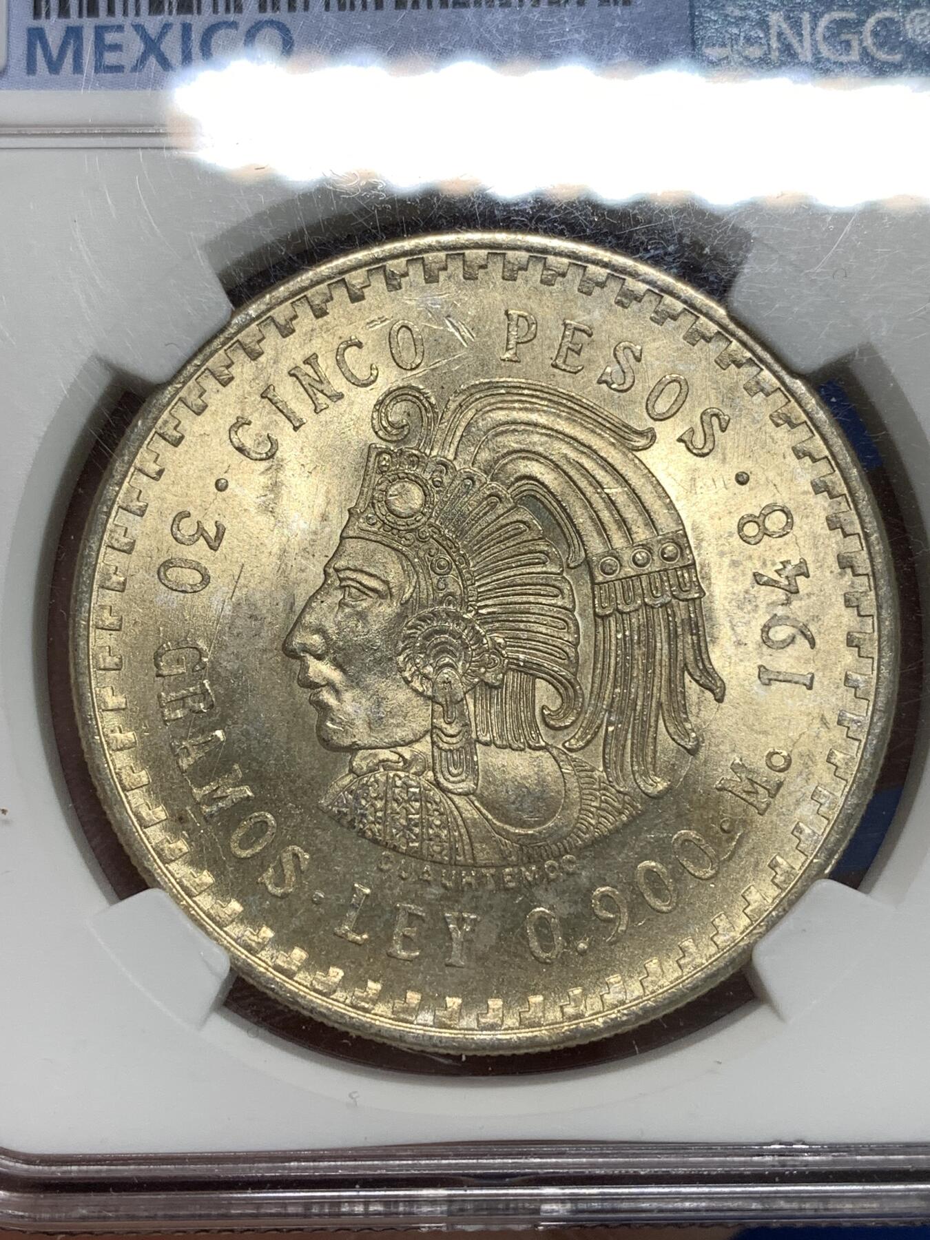 《竞宝斋》第295场- 周日，周一  2场连拍 （全场包邮） NGC MS65 墨西哥1948年玛雅酋长5比索鹰洋大银币