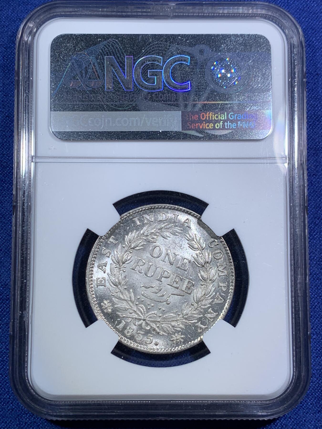 《竞宝斋》第295场- 周日，周一  2场连拍 （全场包邮） NGC MS61 印度 1835年 威四1卢比 原色银光