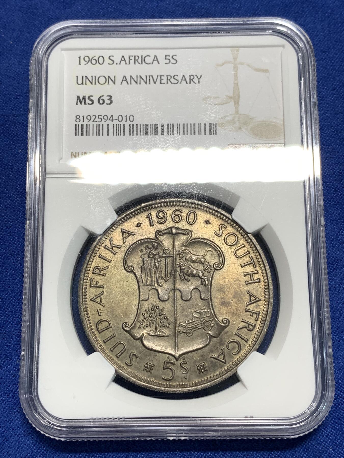 《竞宝斋》第295场- 周日，周一  2场连拍 （全场包邮） NGC MS63 南非1960年联盟成立50周年5先令大银币 极美原味黄油彩包浆