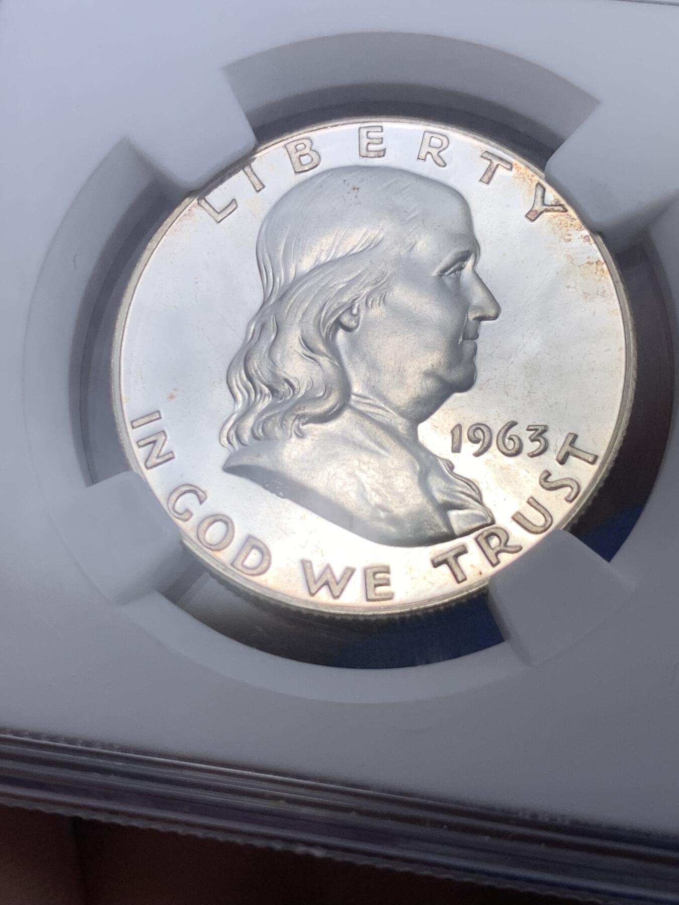 《竞宝斋》第295场- 周日，周一  2场连拍 （全场包邮） NGC PF64 美国1963年富兰克林半美元精制银币