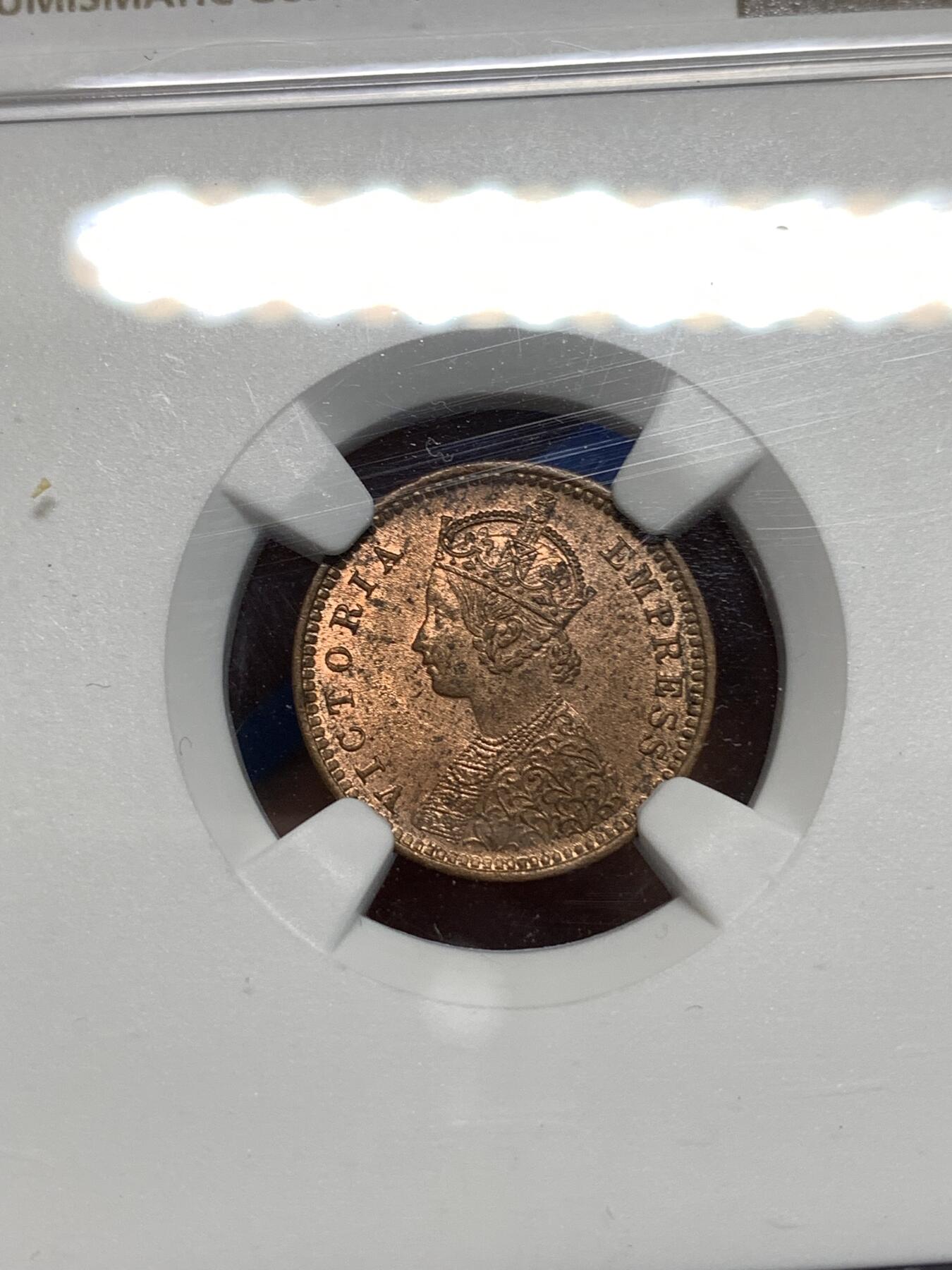 《竞宝斋》第295场- 周日，周一  2场连拍 （全场包邮） NGC MS63RB 印度1897-C版1/12安娜铜币 很舒服的原铜光