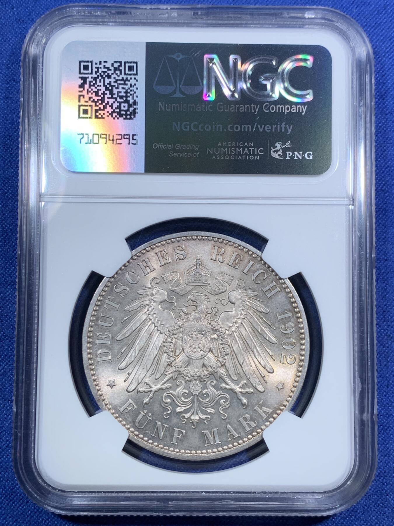 《竞宝斋》第295场- 周日，周一  2场连拍 （全场包邮） NGC MS64 德国 1902年E版 萨克森 阿尔伯特逝世 5马克 银币