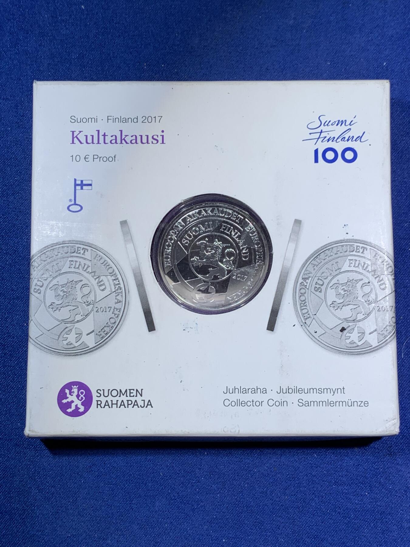 《竞宝斋》第295场- 周日，周一  2场连拍 （全场包邮） 欧洲之星 2007年 芬兰 10欧元 黄金时代 发行数量：10000  银0.925 17克 （内纸盒损坏）