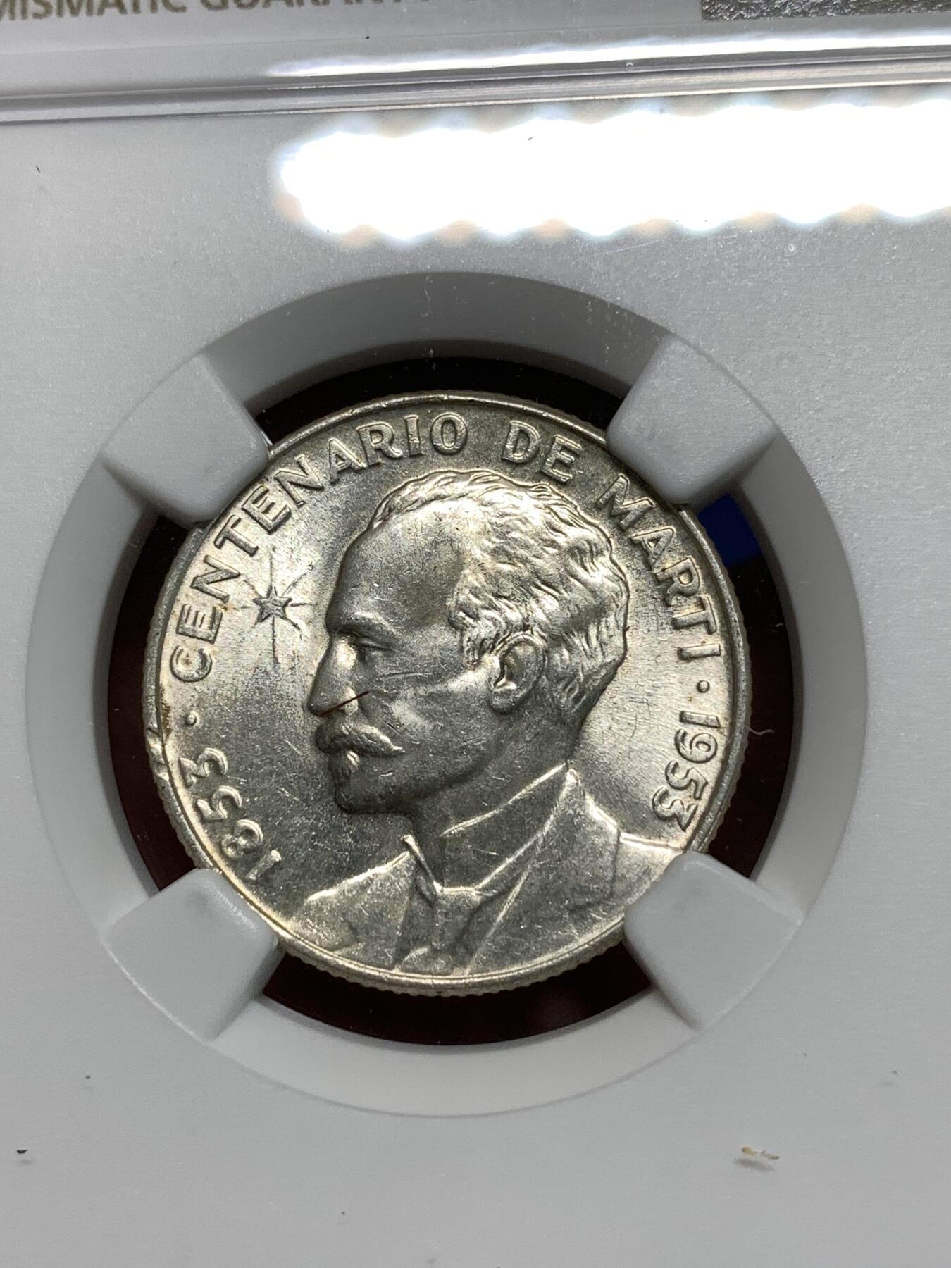 《竞宝斋》第295场- 周日，周一  2场连拍 （全场包邮） NGC MS64 古巴1953年何塞马丁百年纪念25分银币