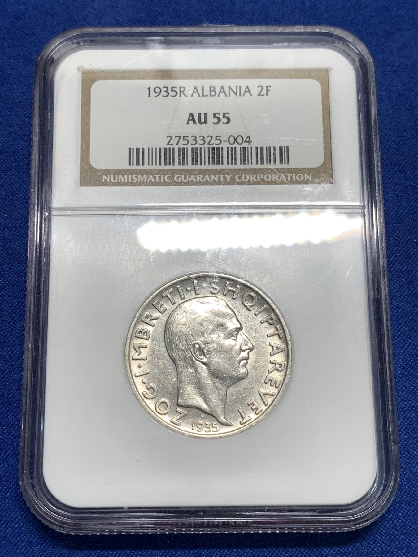 《竞宝斋》第295场- 周日，周一  2场连拍 （全场包邮） NGC AU55 好品阿尔巴尼亚1935年2法郎流通银币