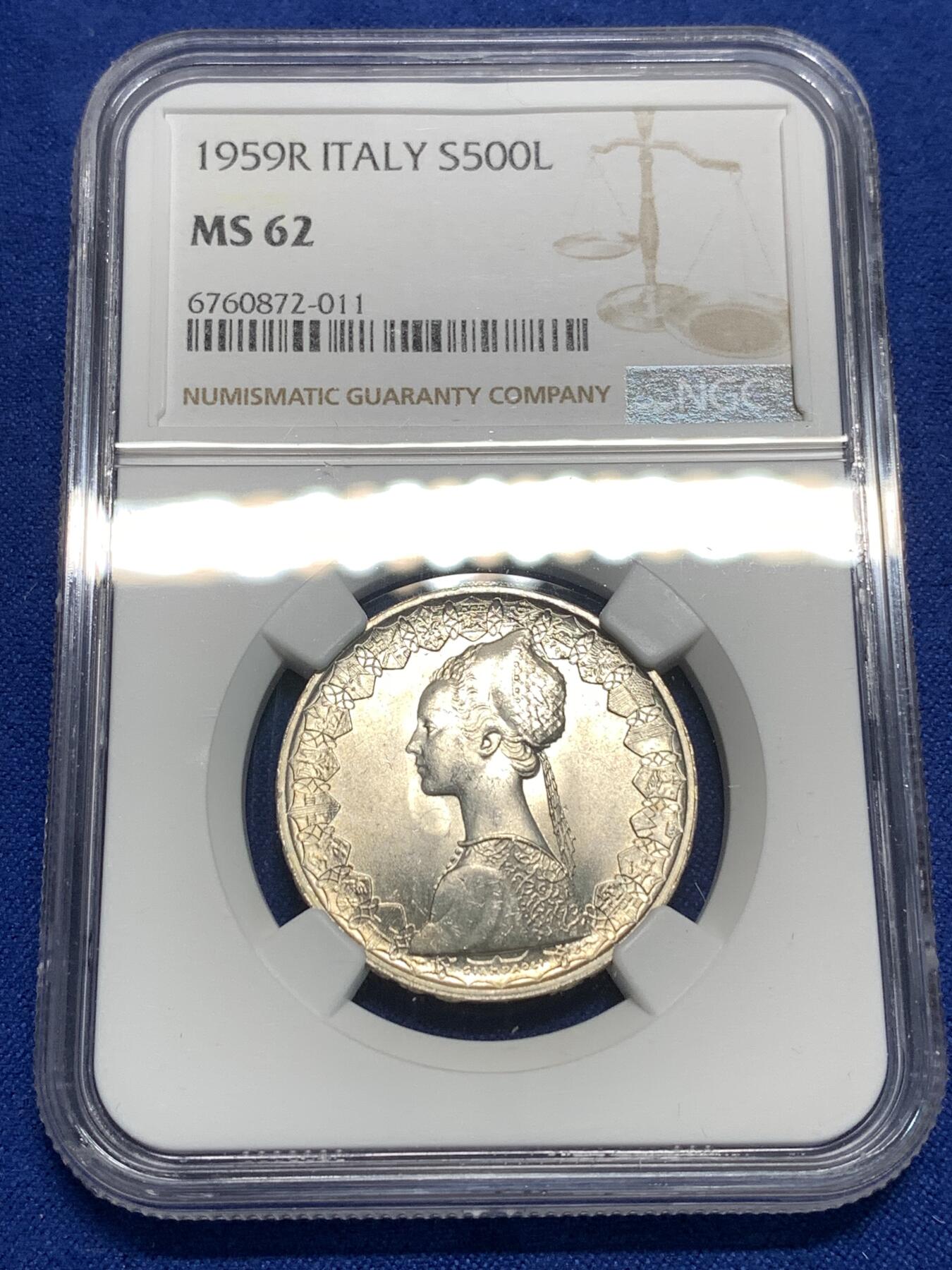 《竞宝斋》第295场- 周日，周一  2场连拍 （全场包邮） NGC MS62 原光意大利1959年帆船女神500里拉银币 设计精美 比较少见的早期年份 低评了