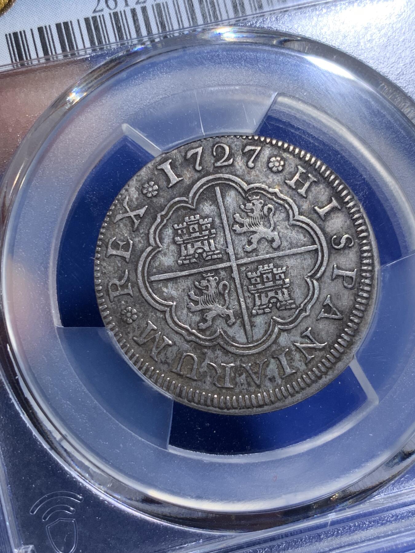 《竞宝斋》第295场- 周日，周一  2场连拍 （全场包邮） PCGS XF 西班牙 1727F 费五 本土 2里亚尔 银币原味包浆 少见