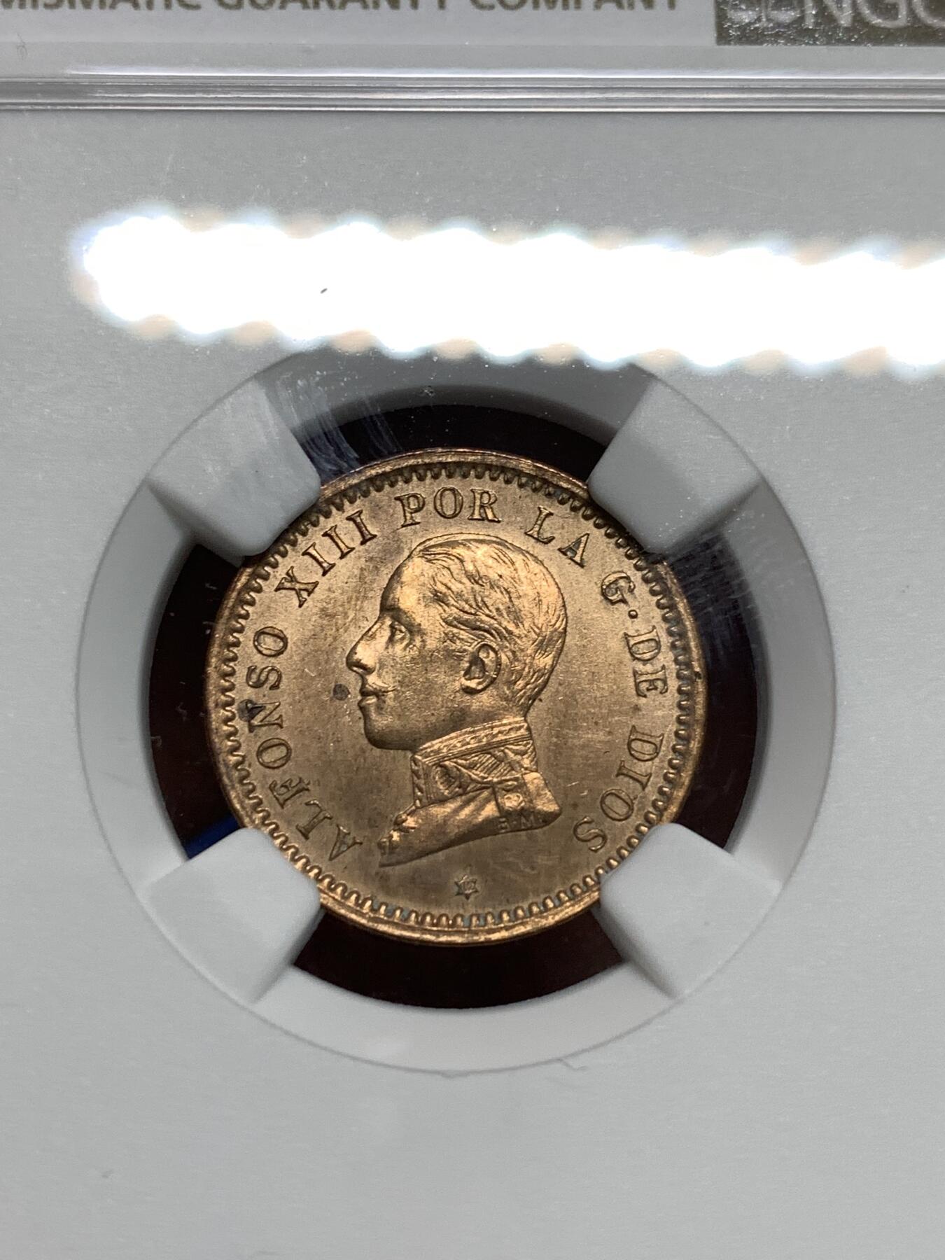 《竞宝斋》第295场- 周日，周一  2场连拍 （全场包邮） NGC UNCD 西班牙1912年阿方索十三世2分铜币