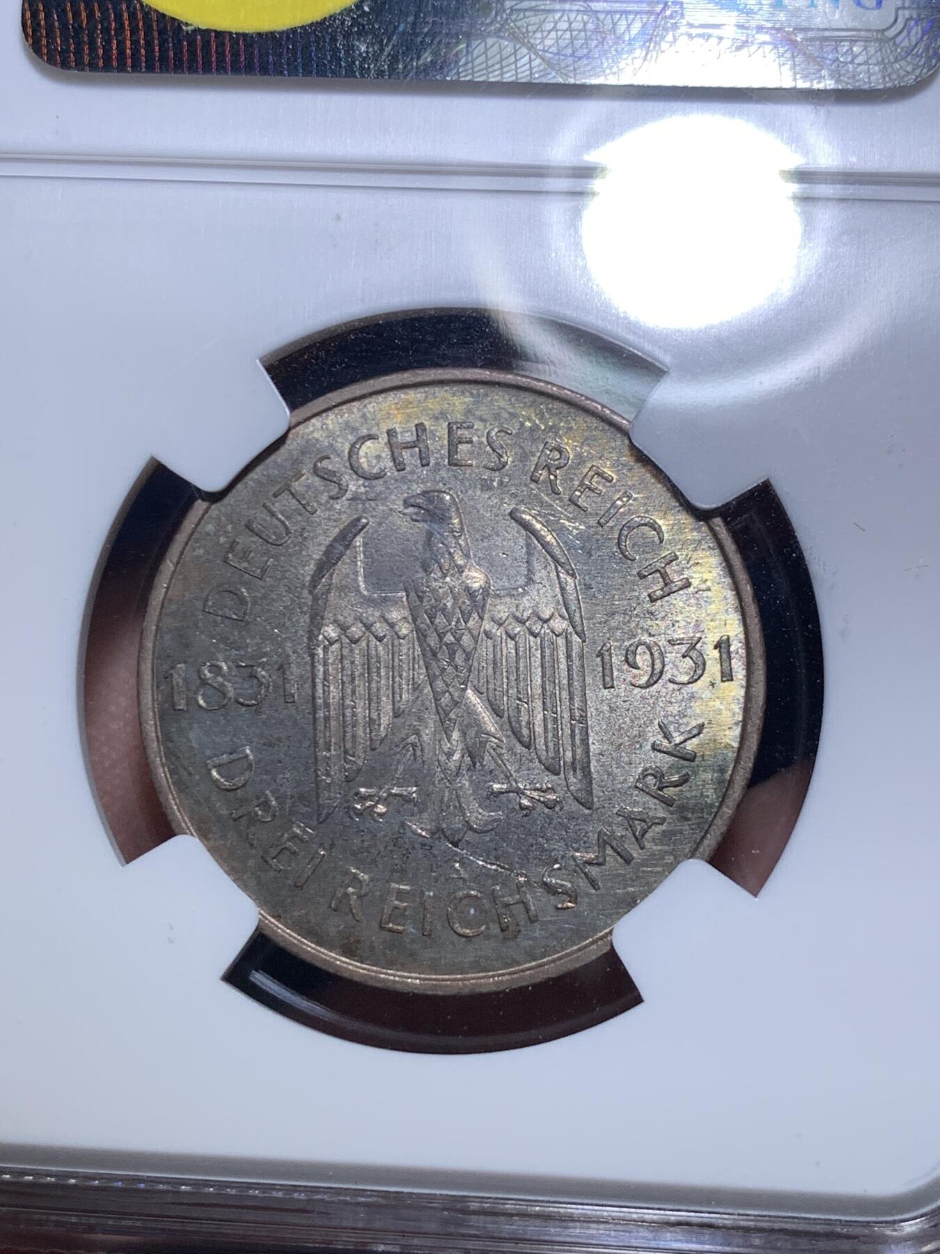 《竞宝斋》第295场- 周日，周一  2场连拍 （全场包邮） NGC MS64 魏玛德国1931年A版斯坦因3马克银币少见