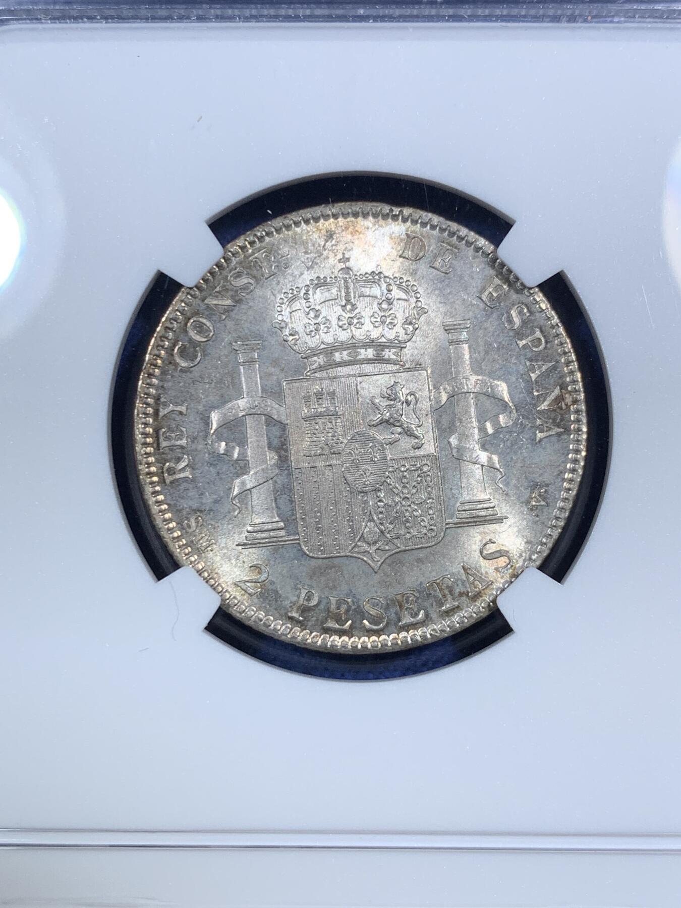 《竞宝斋》第295场- 周日，周一  2场连拍 （全场包邮） NGC MS62 西班牙1905阿方索十三世2比塞塔银币