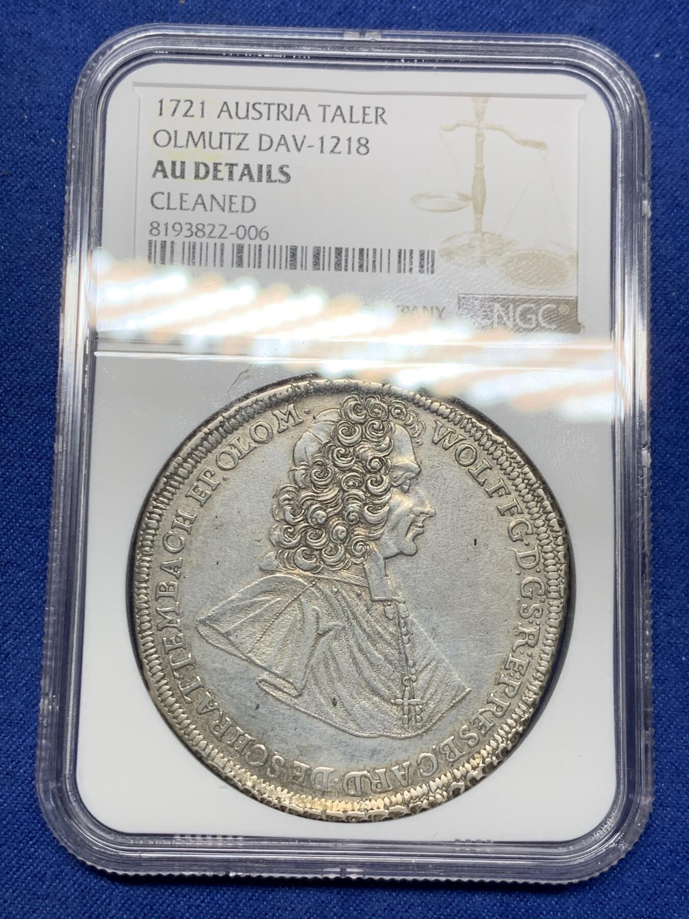 《竞宝斋》第295场- 周日，周一  2场连拍 （全场包邮） NGC AU 奥地利 1721 波希米亚王国 少见主教区 施拉滕巴赫 1泰勒大银币