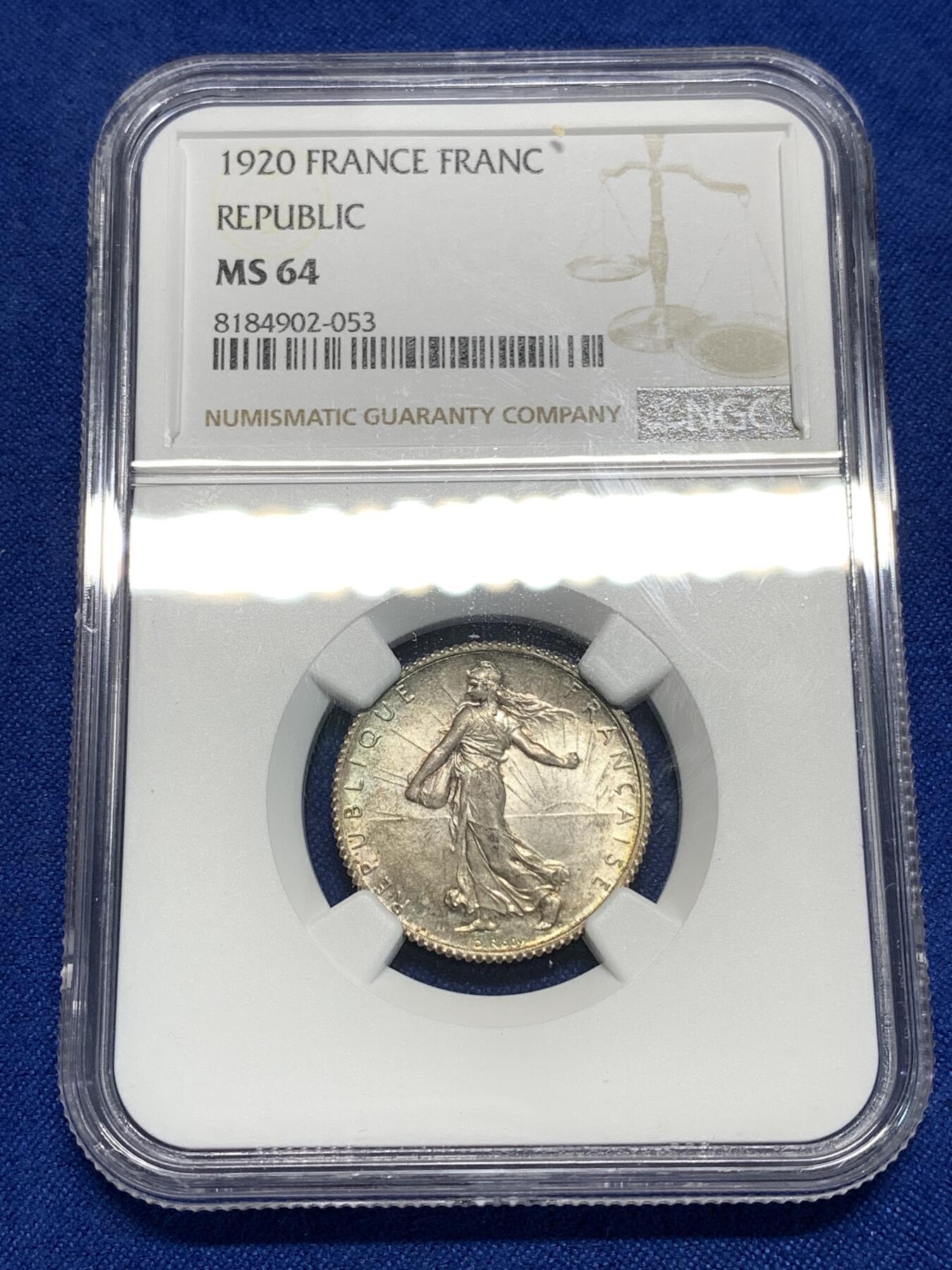 《竞宝斋》第295场- 周日，周一  2场连拍 （全场包邮） NGC MS64 法国1920年播种女神1法郎银币
