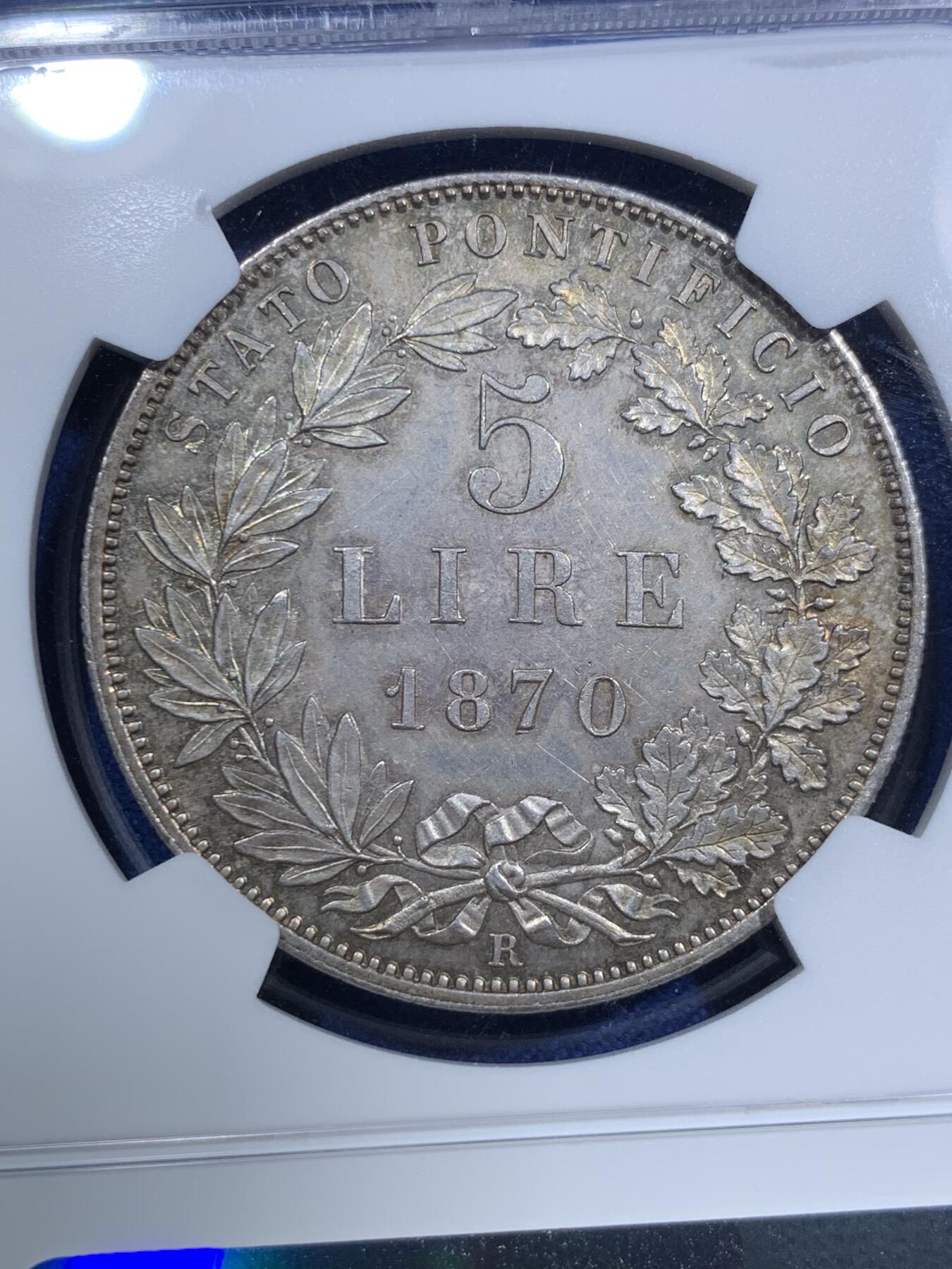 《竞宝斋》第295场- 周日，周一  2场连拍 （全场包邮） NGC MS64 意大利教皇国1870年庇护九世5里拉银币 底光知足 难得高分