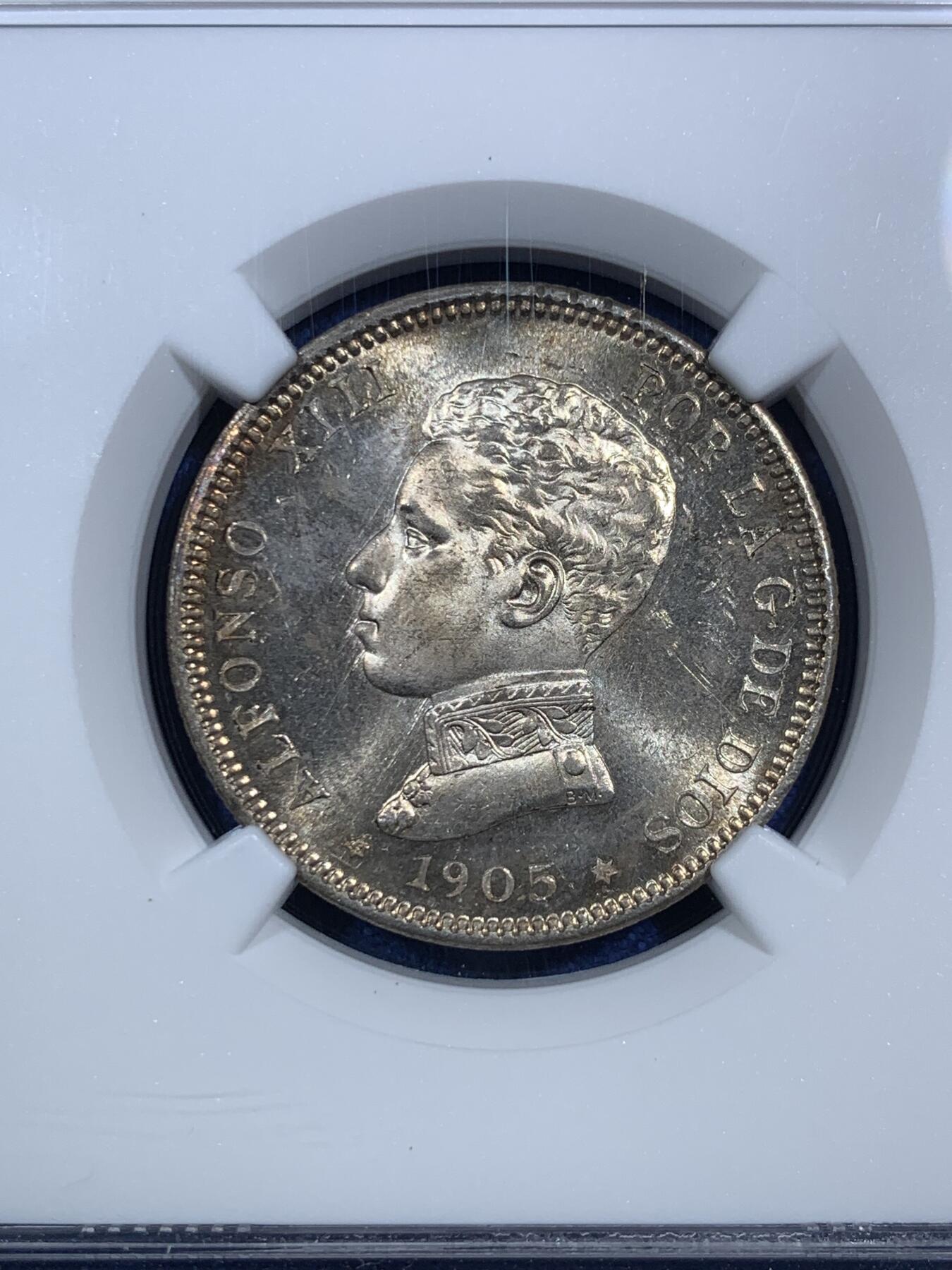 《竞宝斋》第295场- 周日，周一  2场连拍 （全场包邮） NGC MS62 西班牙1905阿方索十三世2比塞塔银币