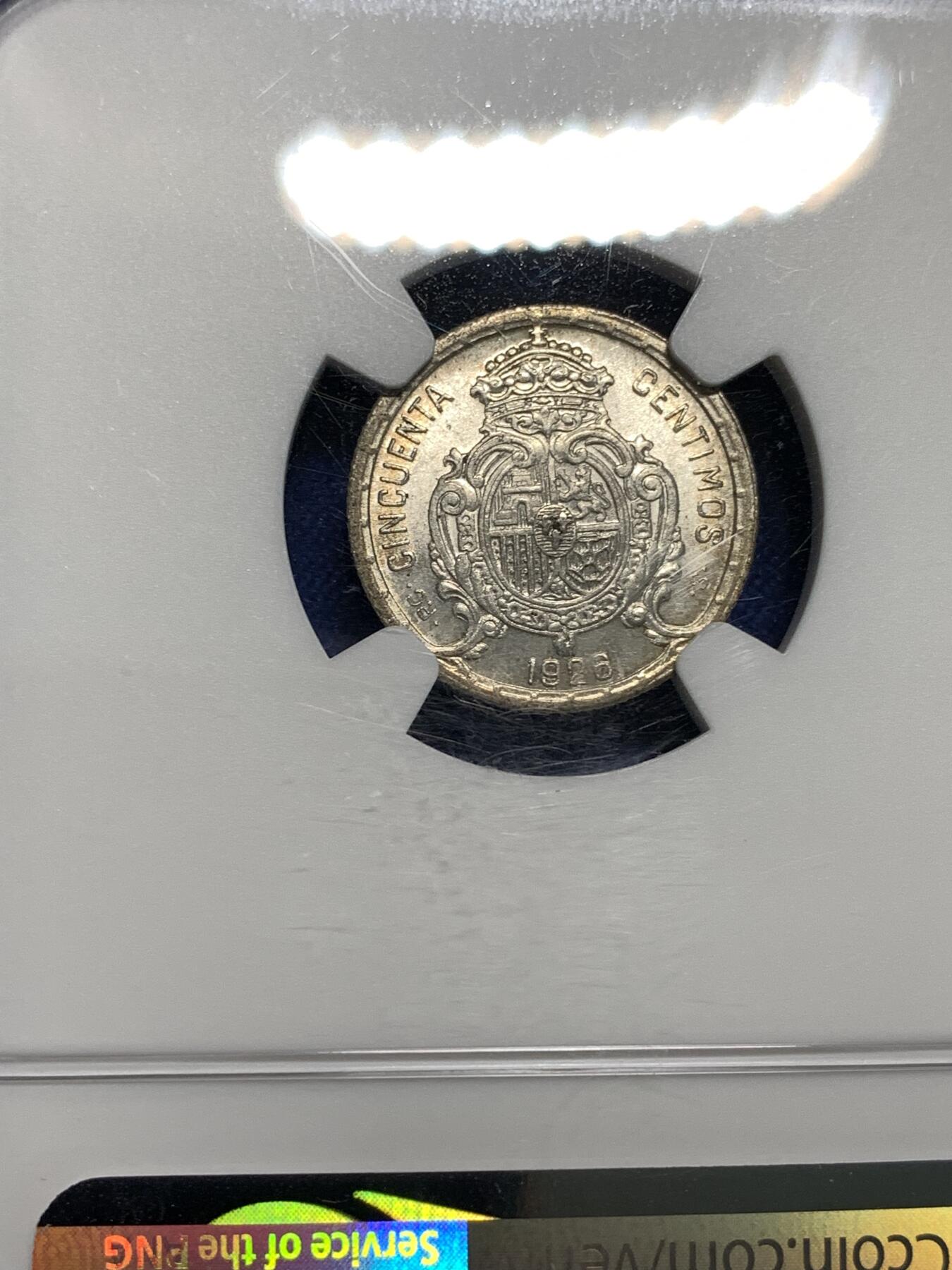 《竞宝斋》第295场- 周日，周一  2场连拍 （全场包邮） NGC MS63 西班牙1926年阿方索十三世50分银币 原光