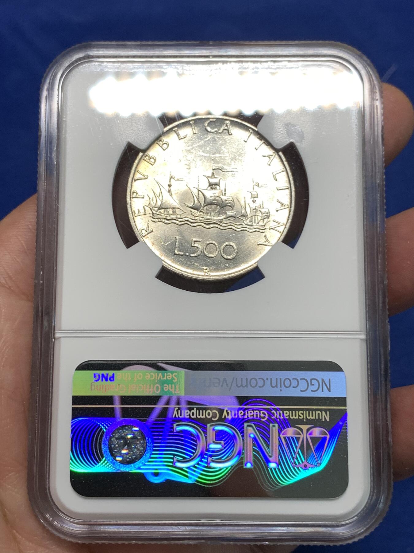 《竞宝斋》第295场- 周日，周一  2场连拍 （全场包邮） NGC MS62 原光意大利1959年帆船女神500里拉银币 设计精美 比较少见的早期年份 低评了