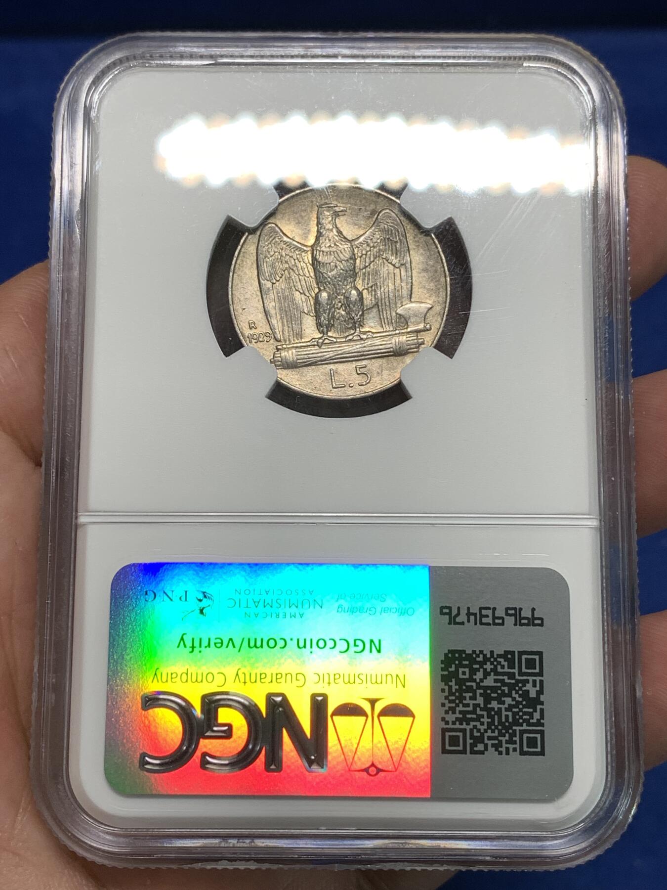 《竞宝斋》第295场- 周日，周一  2场连拍 （全场包邮） NGC AU55 意大利1929年5里拉老鹰银币