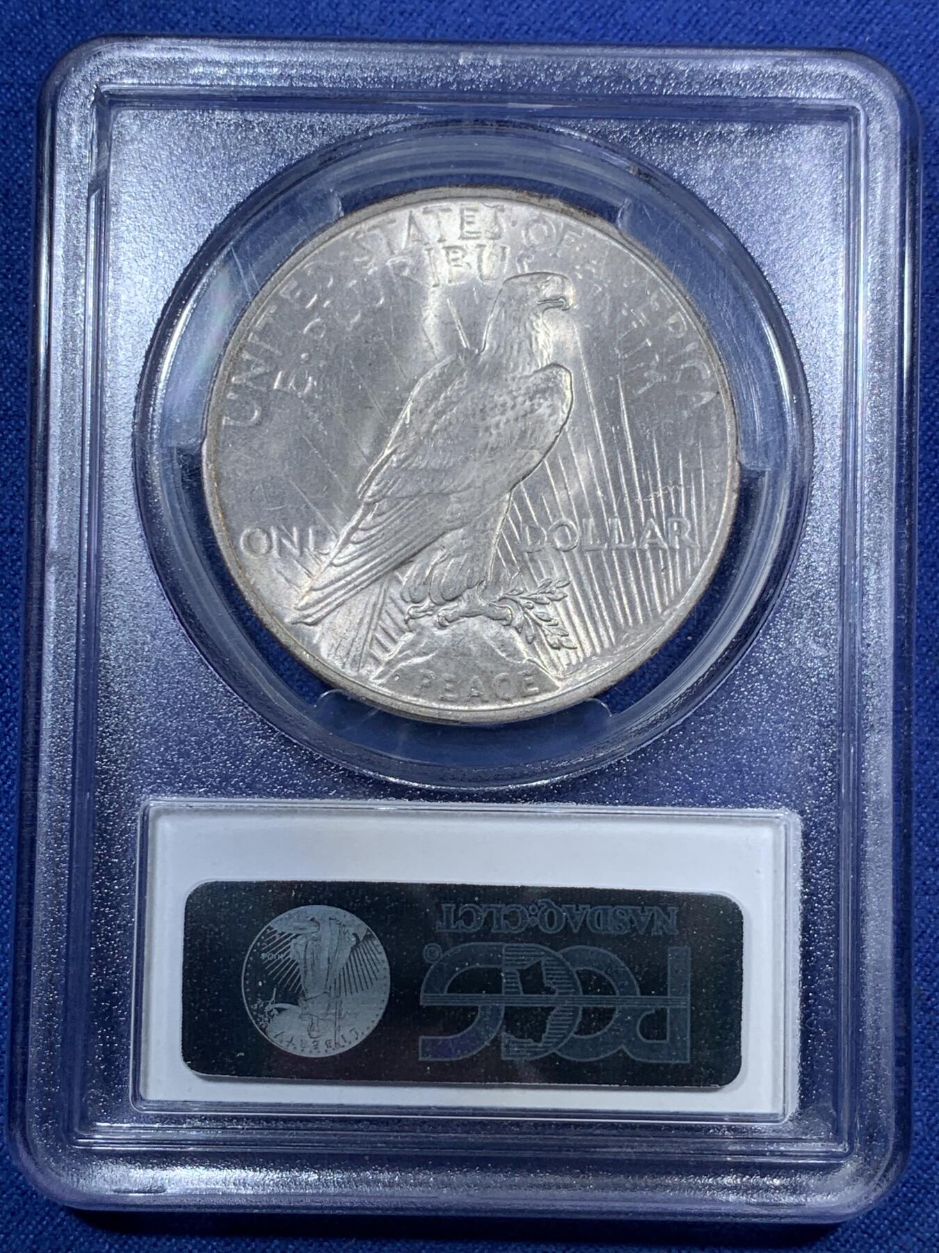 《竞宝斋》第295场- 周日，周一  2场连拍 （全场包邮） PCGS MS64 美国1923年和平银元 原汁原味淡彩老包浆，包浆醇厚润泽又犀利，币面清爽干净又漂亮，盒子背面支撑小磕