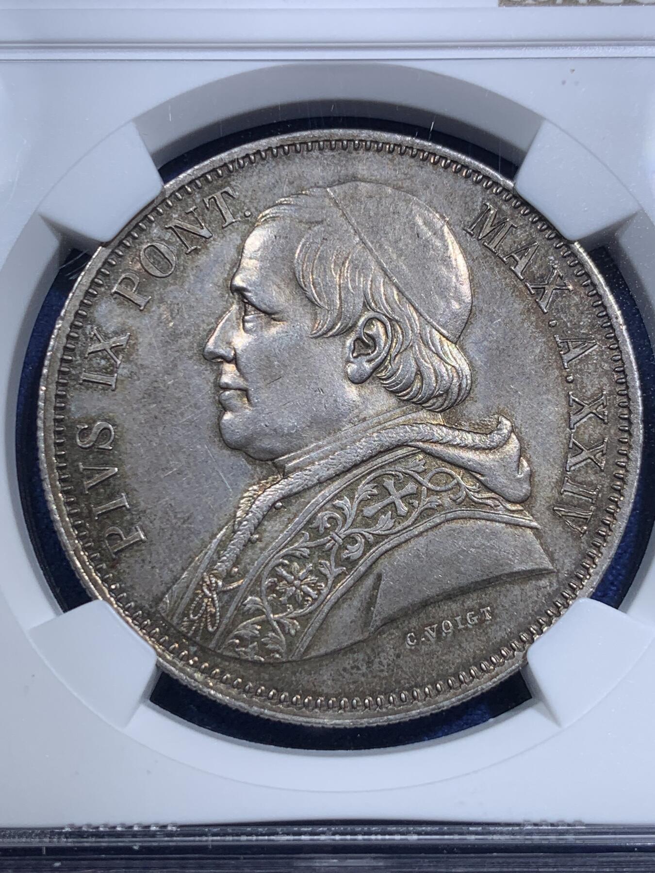 《竞宝斋》第295场- 周日，周一  2场连拍 （全场包邮） NGC MS64 意大利教皇国1870年庇护九世5里拉银币 底光知足 难得高分