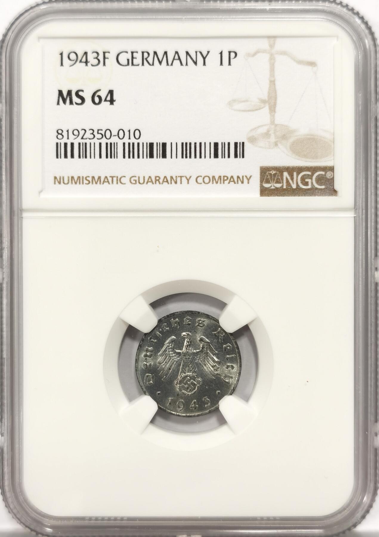 博洋堂世界钱币拍卖第087期（全场包邮） NGC MS64 德国1943F版1芬尼锌币，卷拆马上送评，BU品相