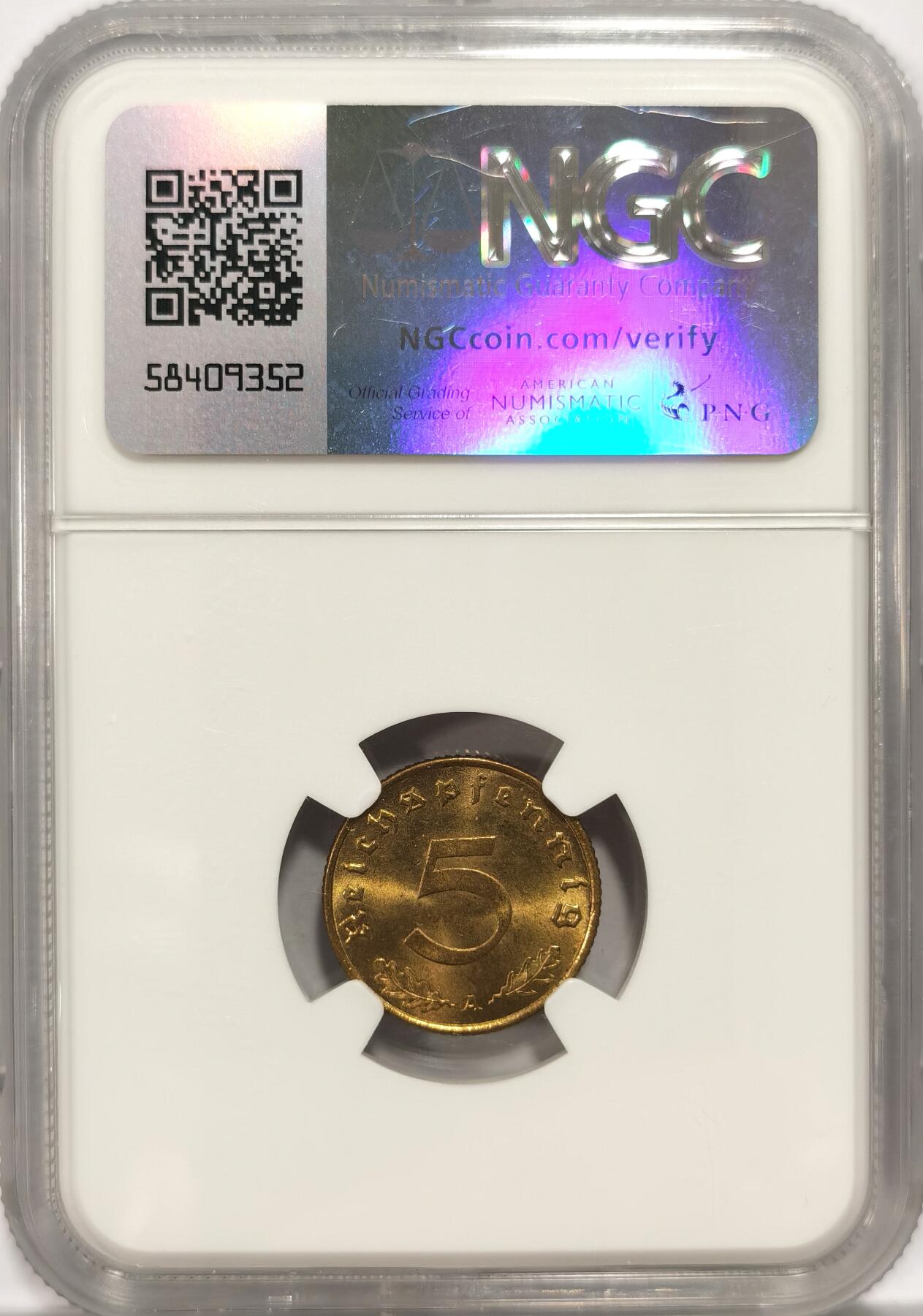 博洋堂世界钱币拍卖第087期（全场包邮） NGC MS65 德国第三帝国1939年A版5芬尼铜币 更高分仅1枚