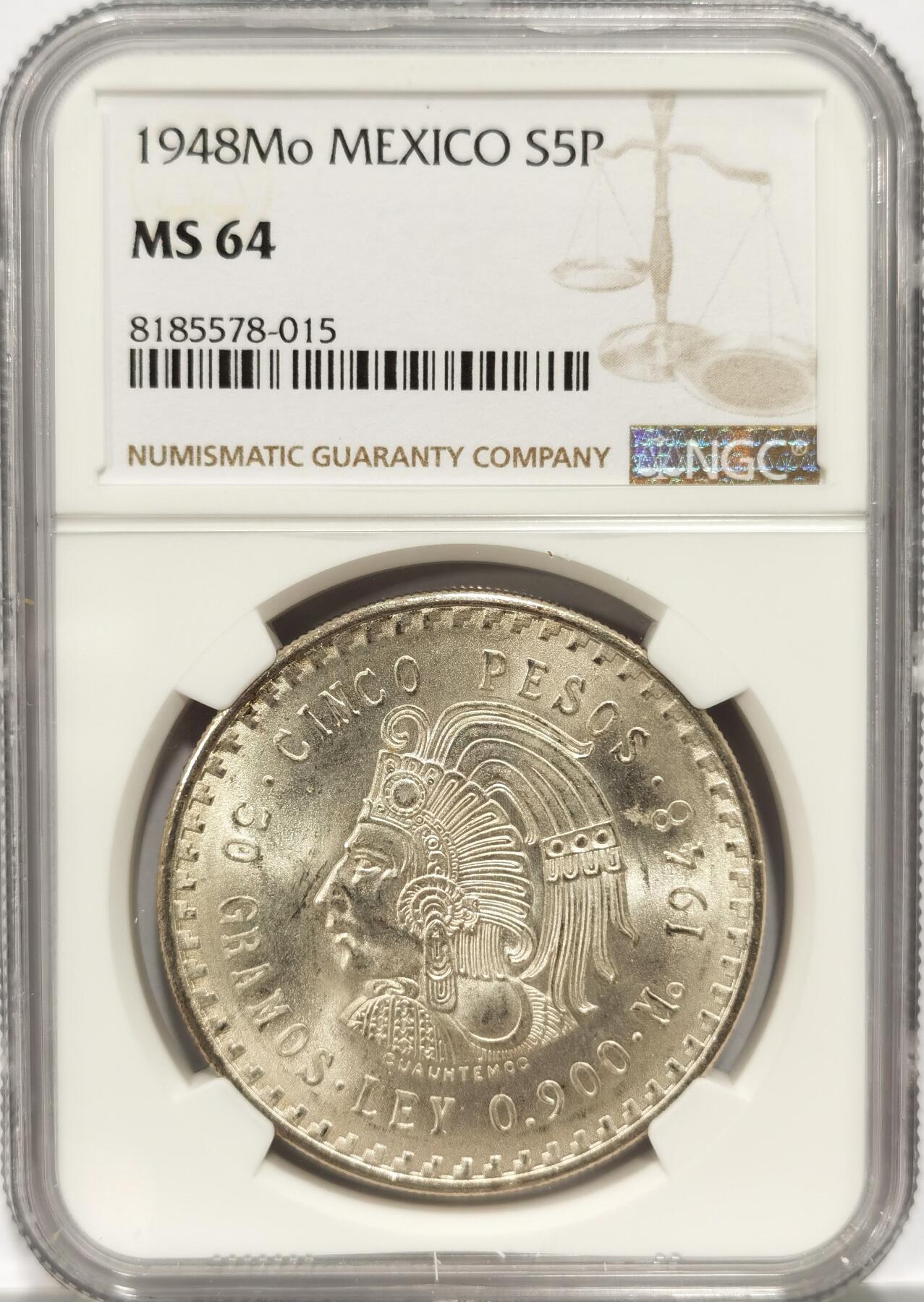 博洋堂世界钱币拍卖第087期（全场包邮） NGC MS64 墨西哥1948年玛雅人5比索银币，卷拆第二天送评，BU品相