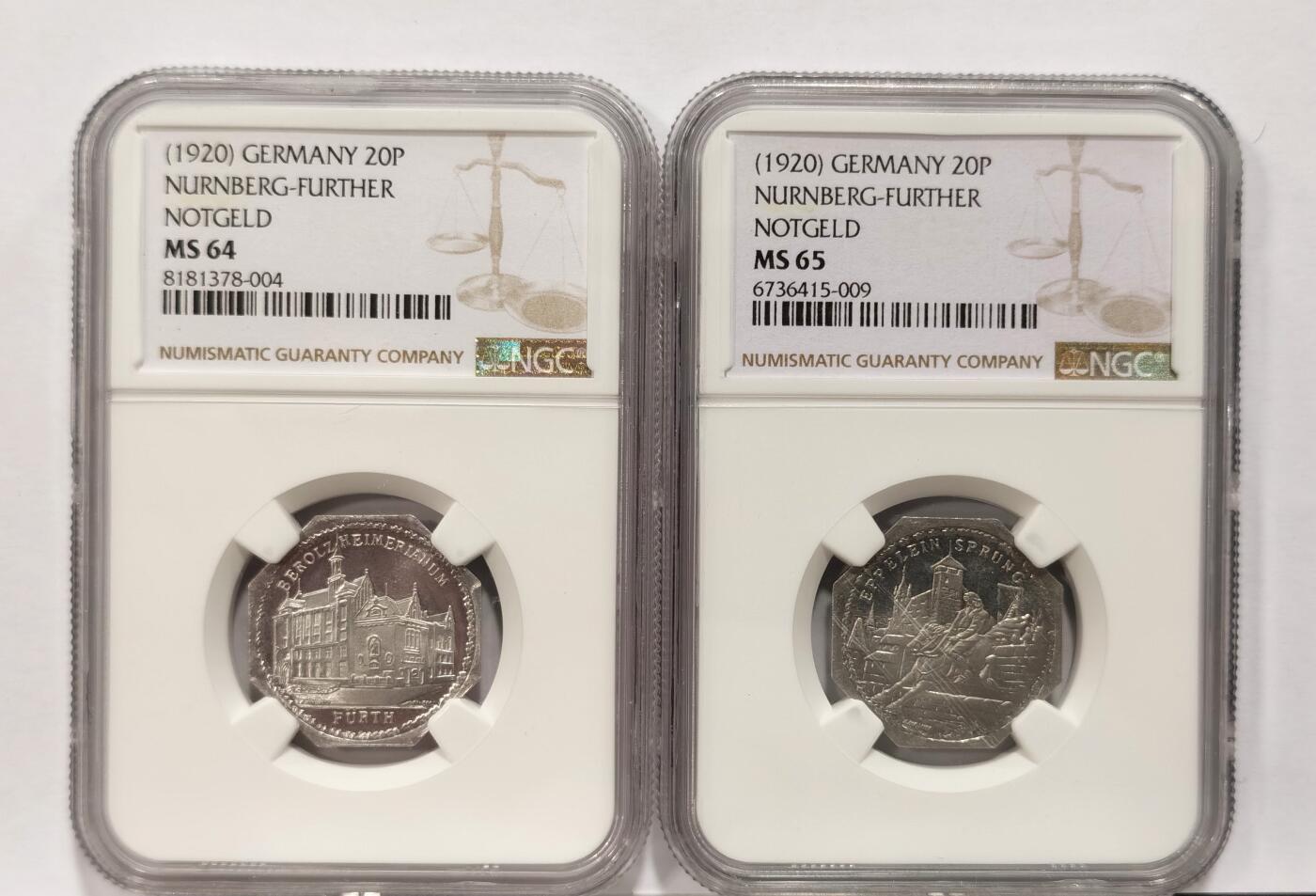 博洋堂世界钱币拍卖第087期（全场包邮） NGC MS64/65 德紧时期纽伦堡电车代币20芬尼一组 特定时代的产物 独具收藏价值