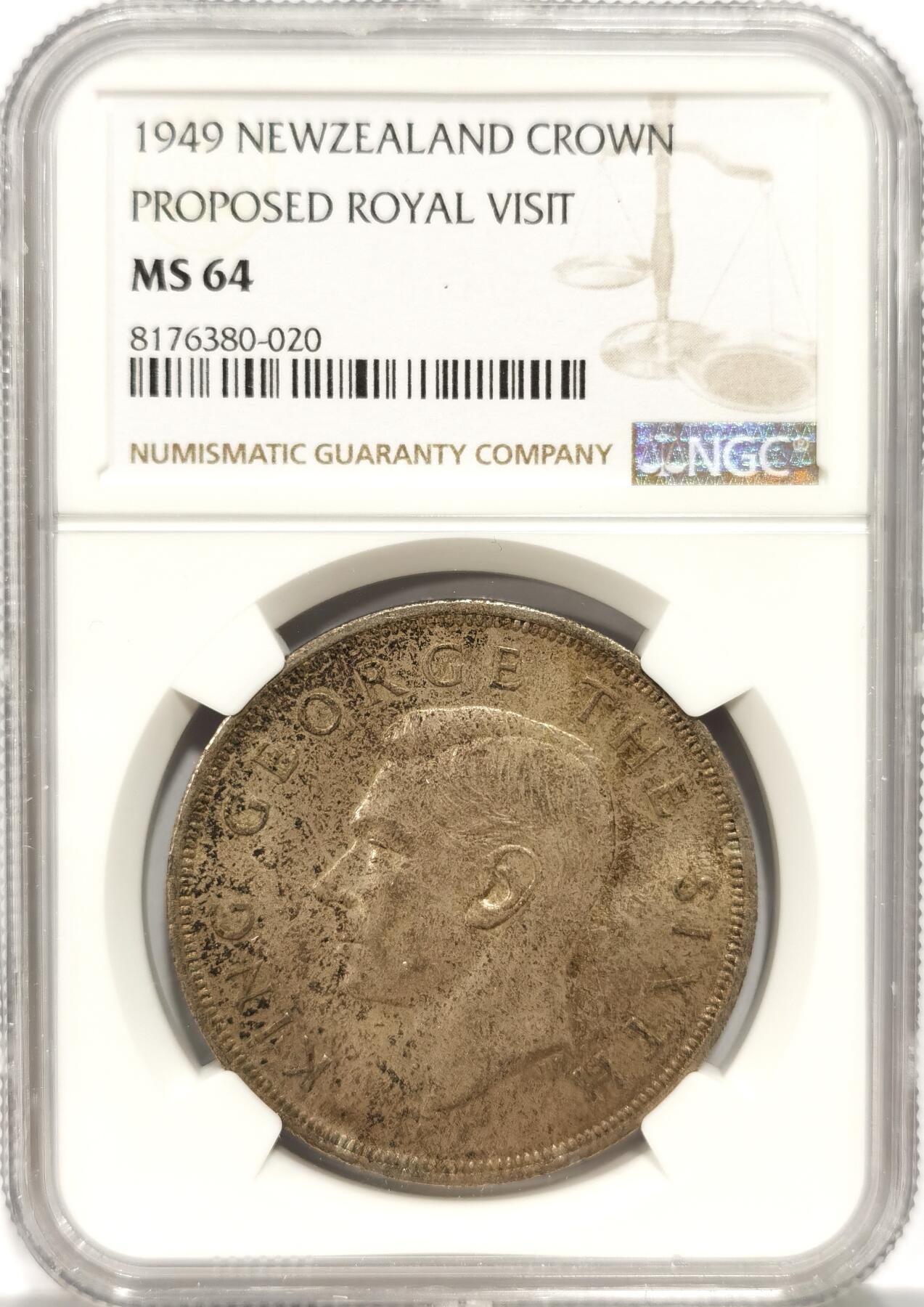 博洋堂世界钱币拍卖第087期（全场包邮） NGC MS64 新西兰1949年乔六1克朗，BU品相，原厂黄油覆盖币面