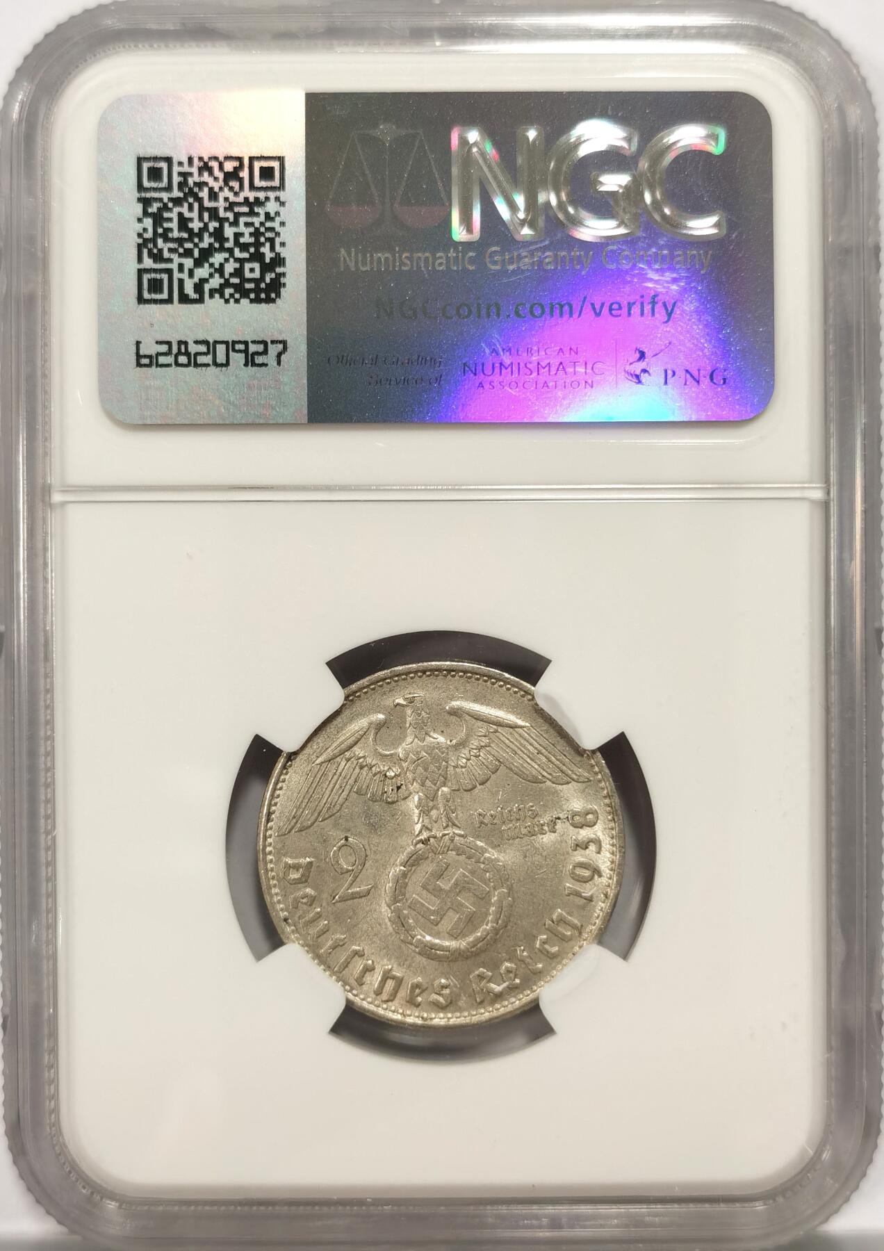博洋堂世界钱币拍卖第087期（全场包邮） NGC MS63 德国1938B兴登堡2马克银币，币面干净，BU品相