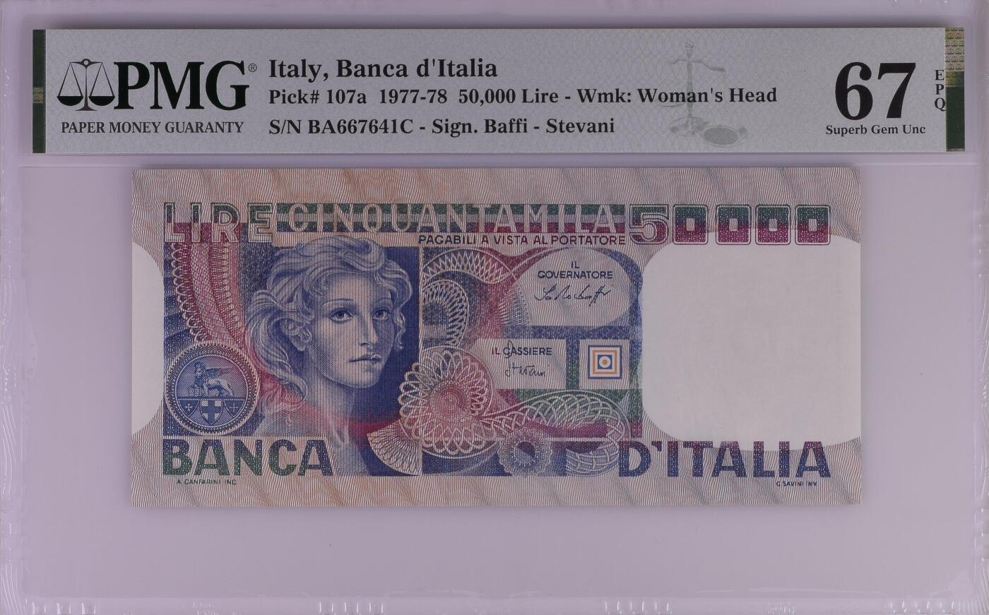 收藏联盟Quantum Auction 第367期拍卖  意大利1977年50000里拉 PMG67 Guglielmo Savini的画作手稿《女子面庞》