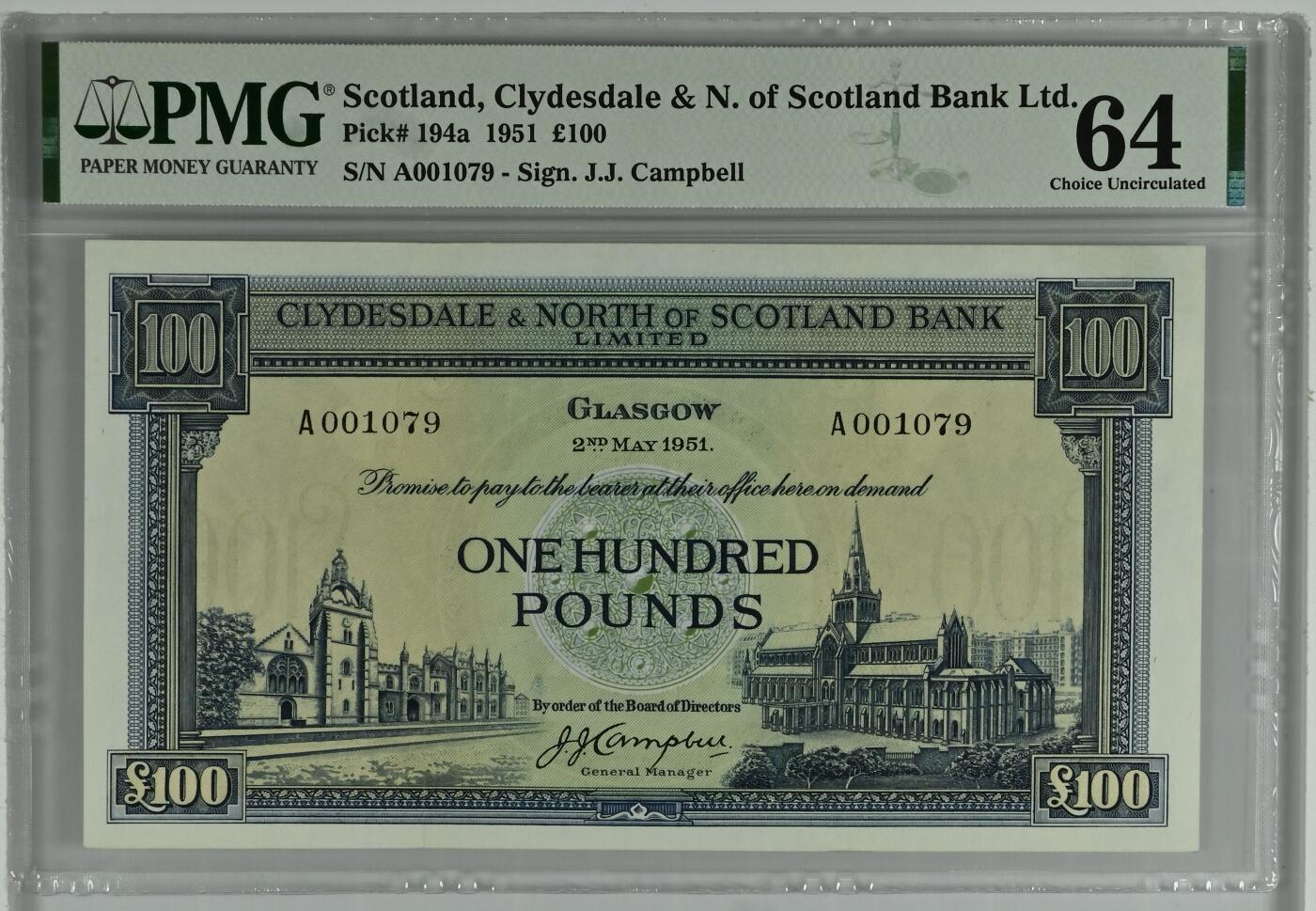 收藏联盟Quantum Auction 第367期拍卖  苏格兰克莱斯戴尔银行1951年100镑 PMG64 首发A冠千位号 无4 亚军分仅一枚更高分