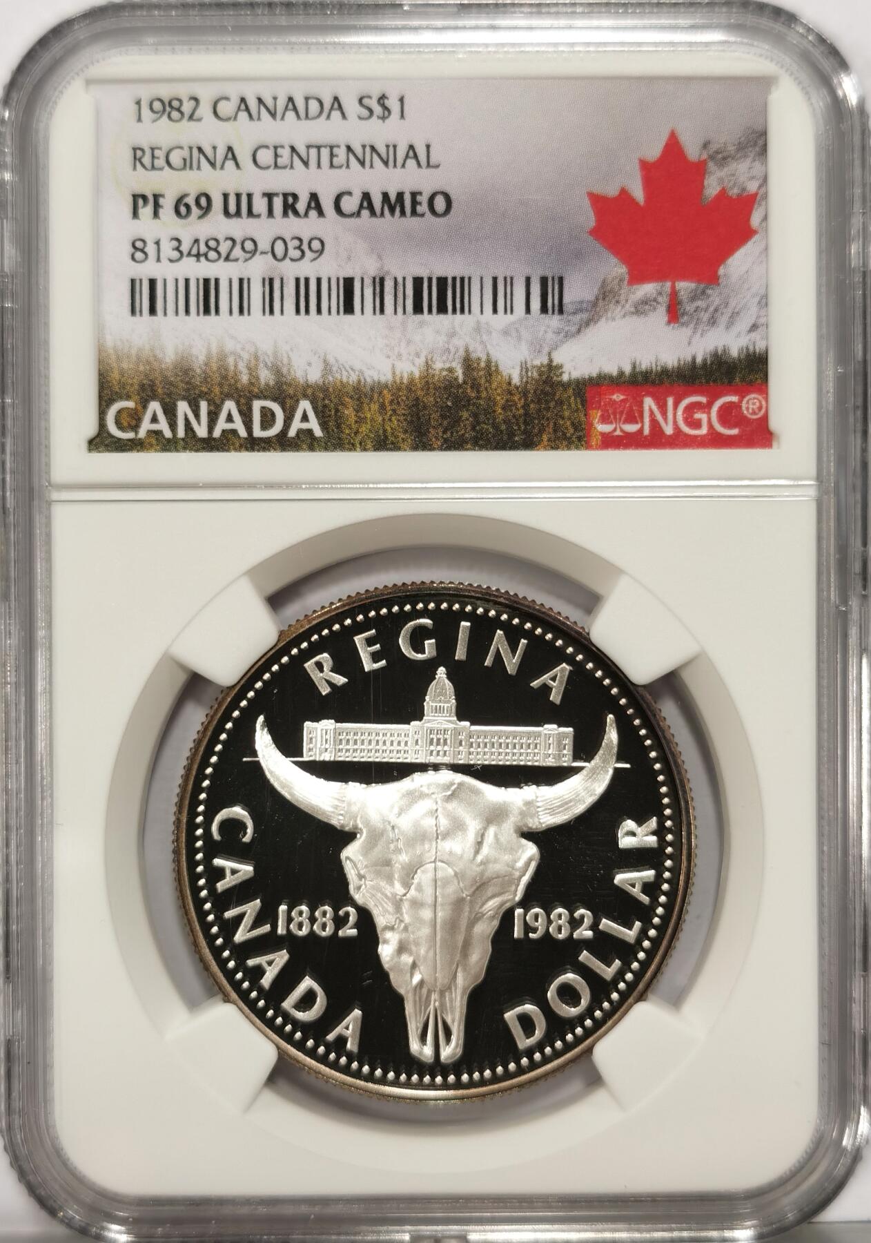 博洋堂世界钱币拍卖第087期（全场包邮） 加拿大1982年里贾纳市成立一百周年纪念银币NGC-PF69UC，PROOF精制币，币面清爽干净又漂亮，状态极佳